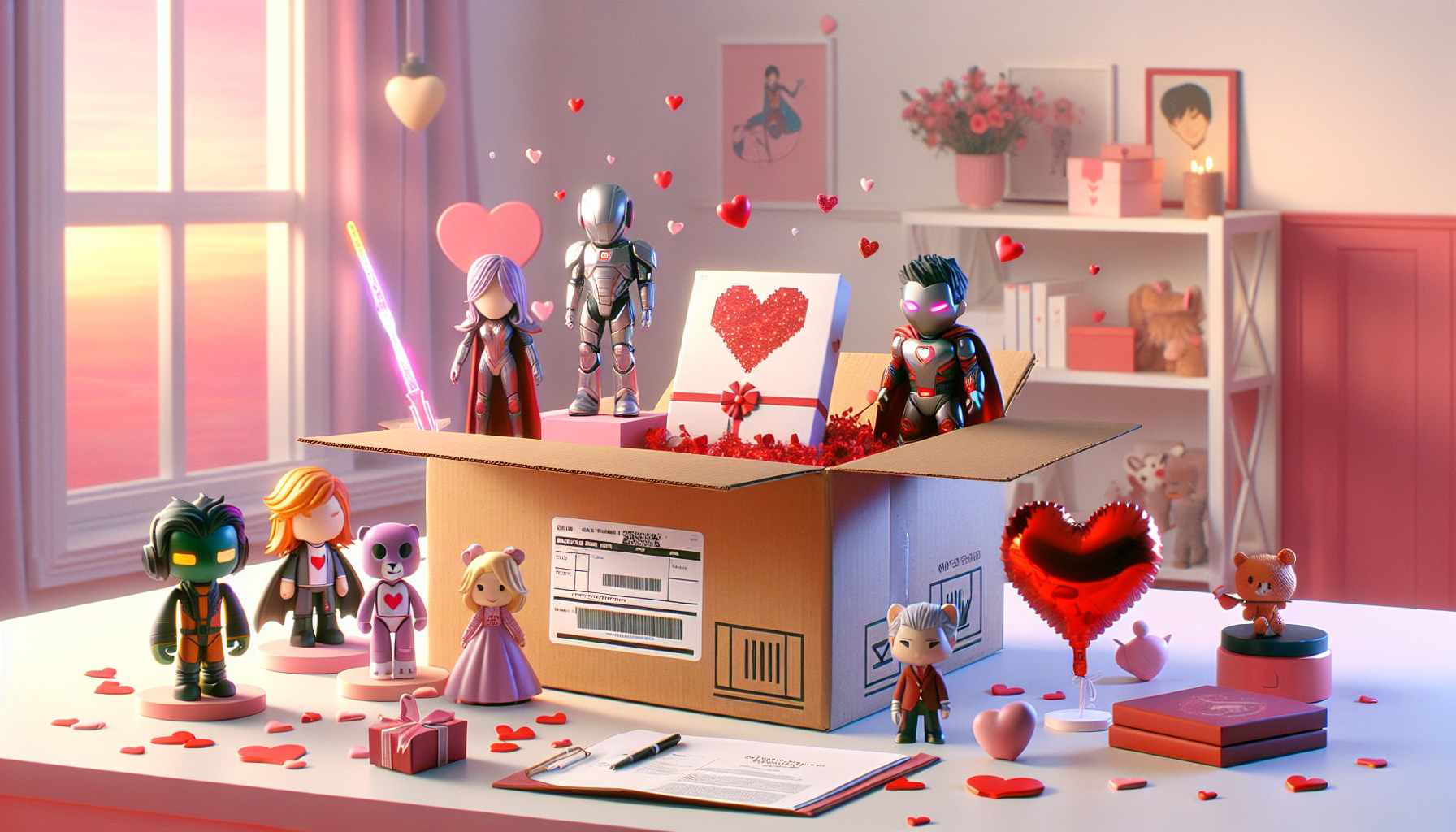 Valentine's Day gifts with geeky collectibles on a desk, open geek box, card text “Happy Valentine's Day”, Nerdbutiken.se theme