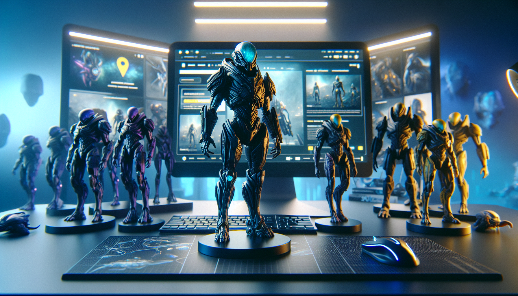 Cosmic Legions samlarbord med exklusiva sci‑fi actionfigurer och svensk webshop i bakgrunden, futuristisk belysning för bloggbanner