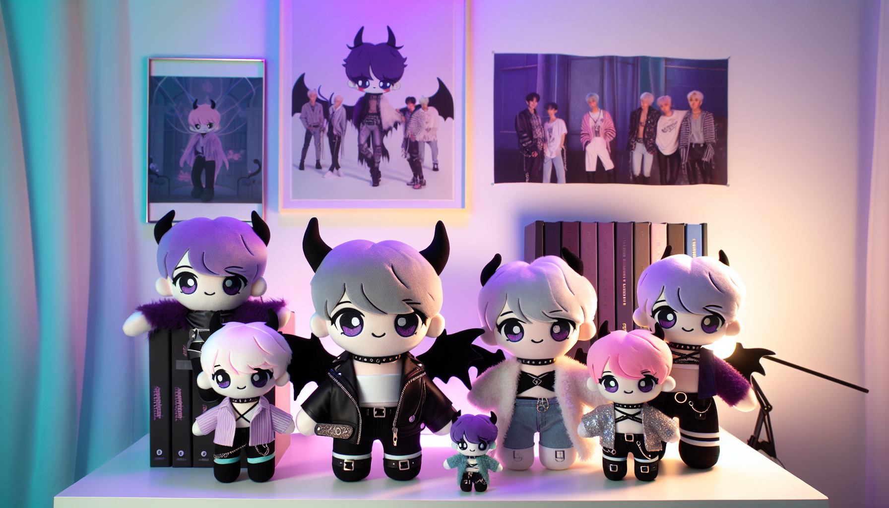 KPop Demon Hunters gosedjur på stilren hylla, chibi-design med horn, pastellhår och streetwear, produktbild för Nerdbutiken.se bloggartikel