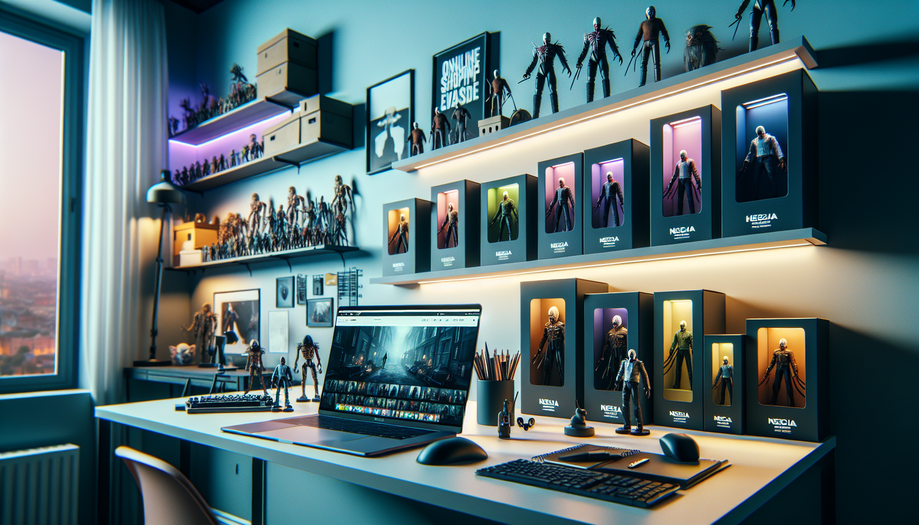 Svenskt samlarrum med NECA‑liknande premium actionfigurer på hylla, LED‑belysta IKEA‑hyllor och laptop som visar nördwebbshop.