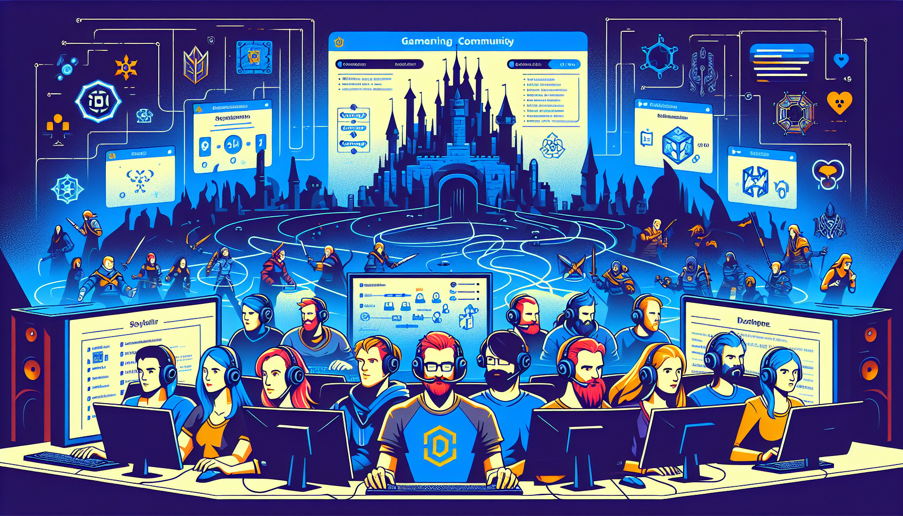 Svenska gamers vid datorer som bygger MMO‑community på Gamedungeon.se, modern banner för svensk online rollspels- och gamingblogg