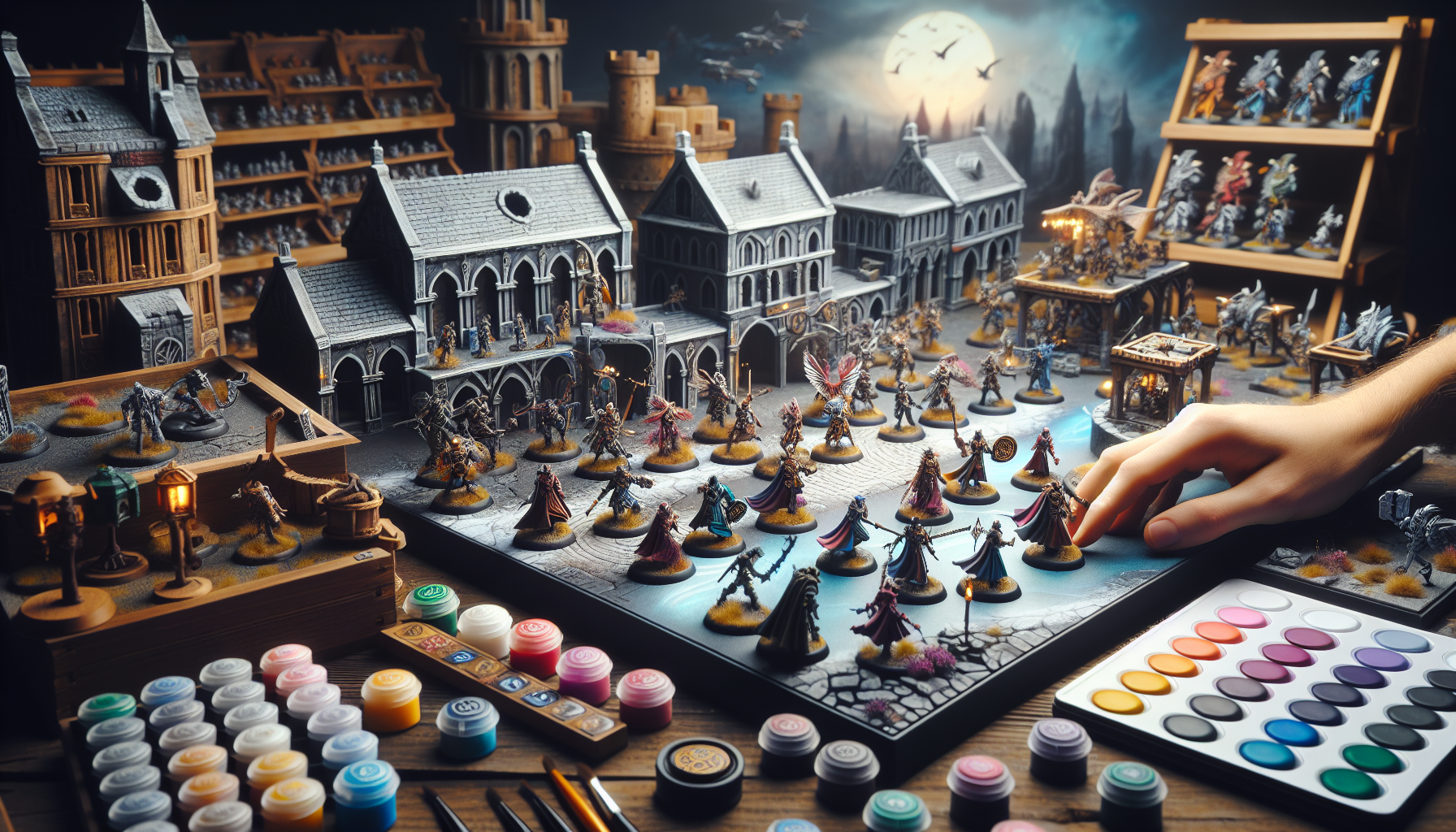 Bordsspelsskärmytsling i fantasyvärld, hand flyttar målad 32mm-miniatyr bland terräng, tärningar och kort på svensk figurspelsblogg