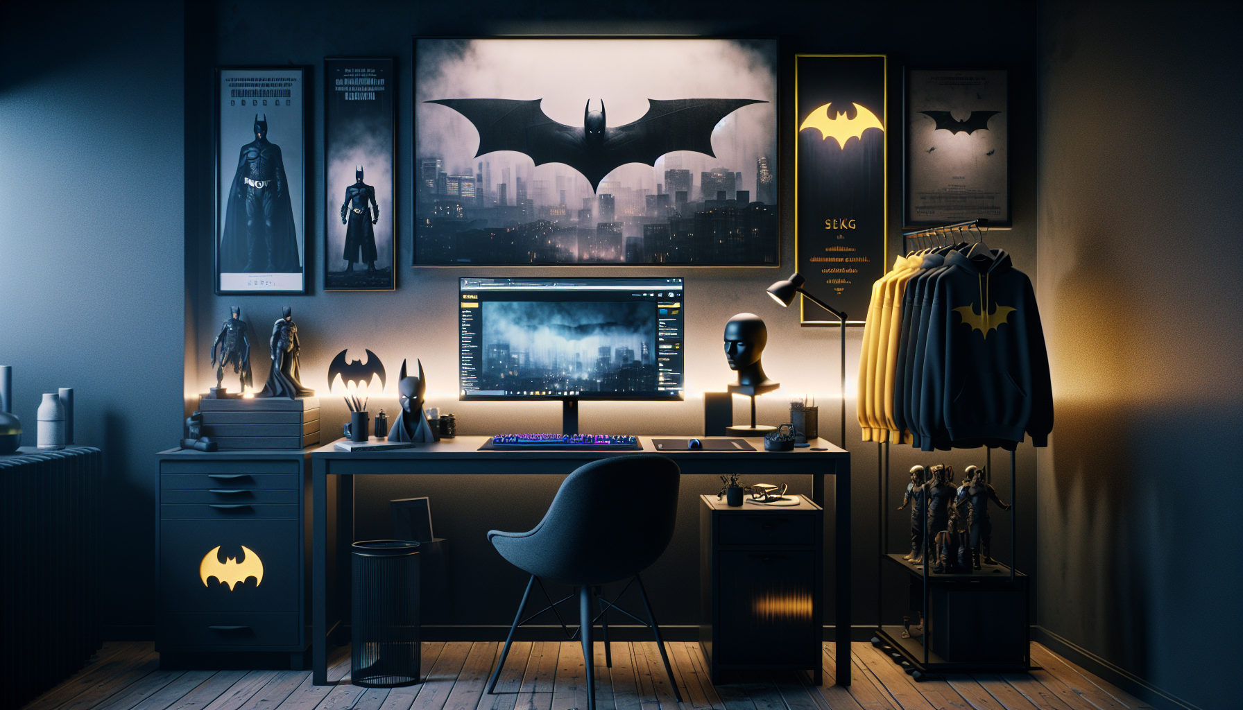 Modern spel- och samlarrum i Batman‑stil med svensk webshop på skärm, batinspirerad inredning, LED‑belysning och plats för bloggtitel
