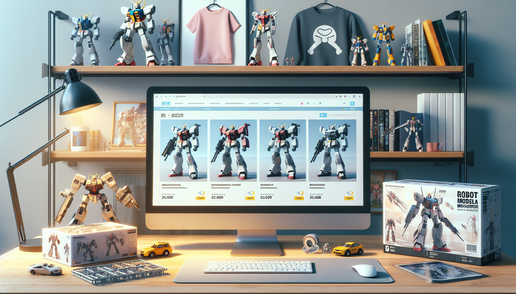 Illustration av svensk e‑handel för Gundam‑inspirerade Gunpla, figurer och merch på skrivbord i mysigt skandinaviskt hem, bloggbild-header.