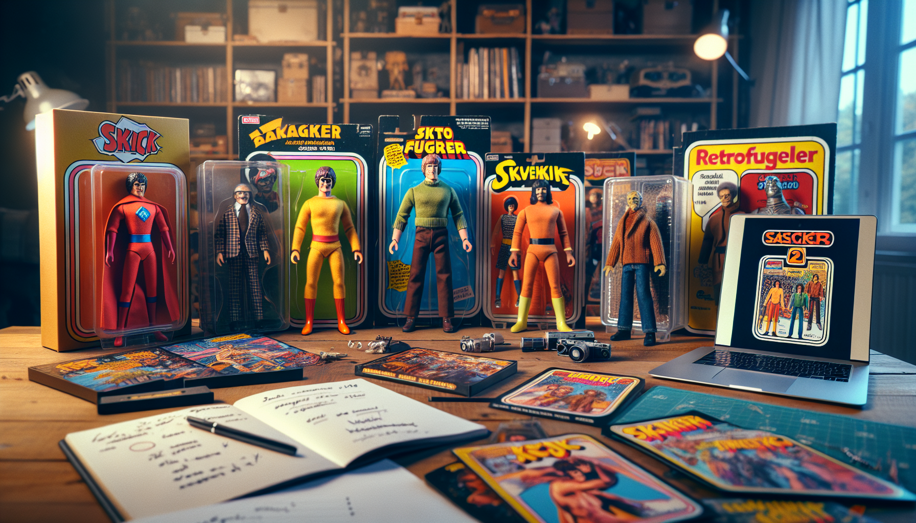 Retro Mego-like collectible figures on a wooden table with a Swedish e-commerce site, tools, and checklists for condition, value, and collection listing in a collector's room.
