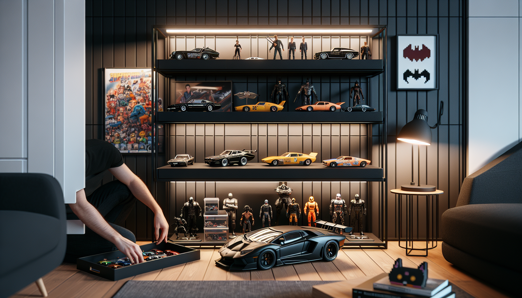 Närbild på händer som placerar modellbil i nördhörna med hylla av diecast-bilar, actionfigurer och retro gaming i modern skandinavisk lägenhet.