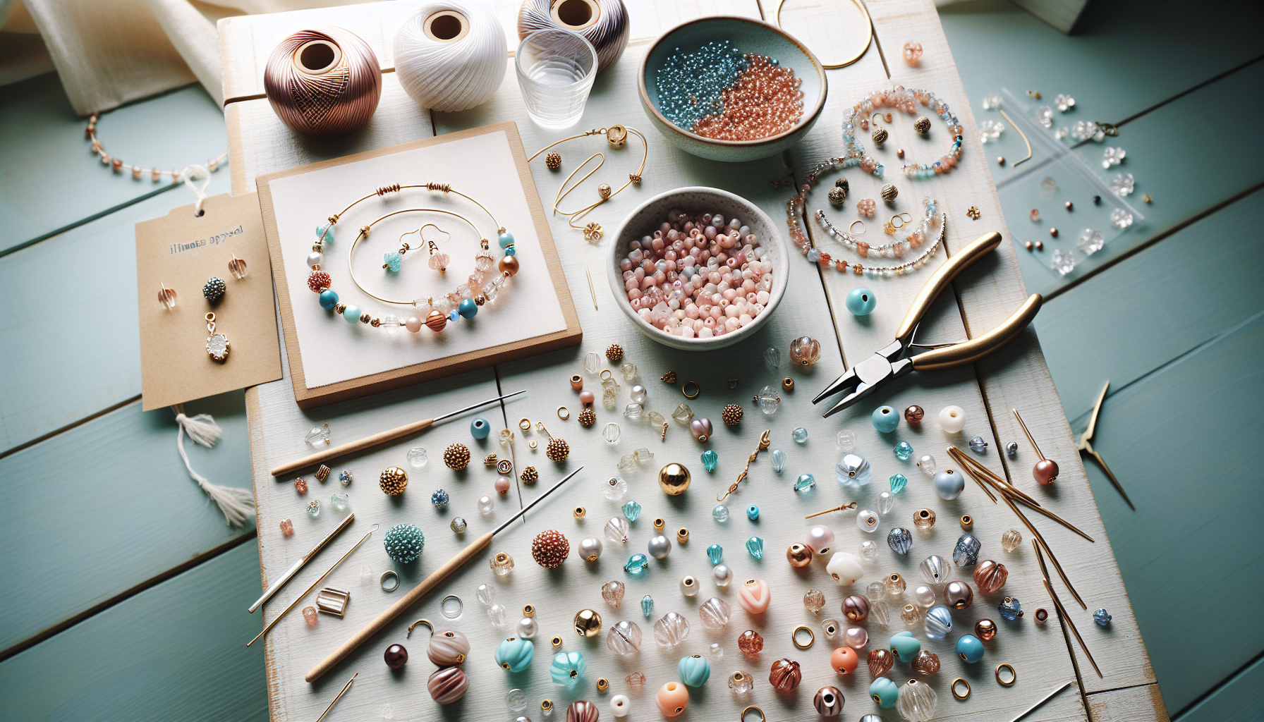 Närbild på nordisk flatlay: Hilmaspyssel.se smyckestillverkning med Teacup-pärlor, armband, örhängen, halsband och verktyg på ljust träbord