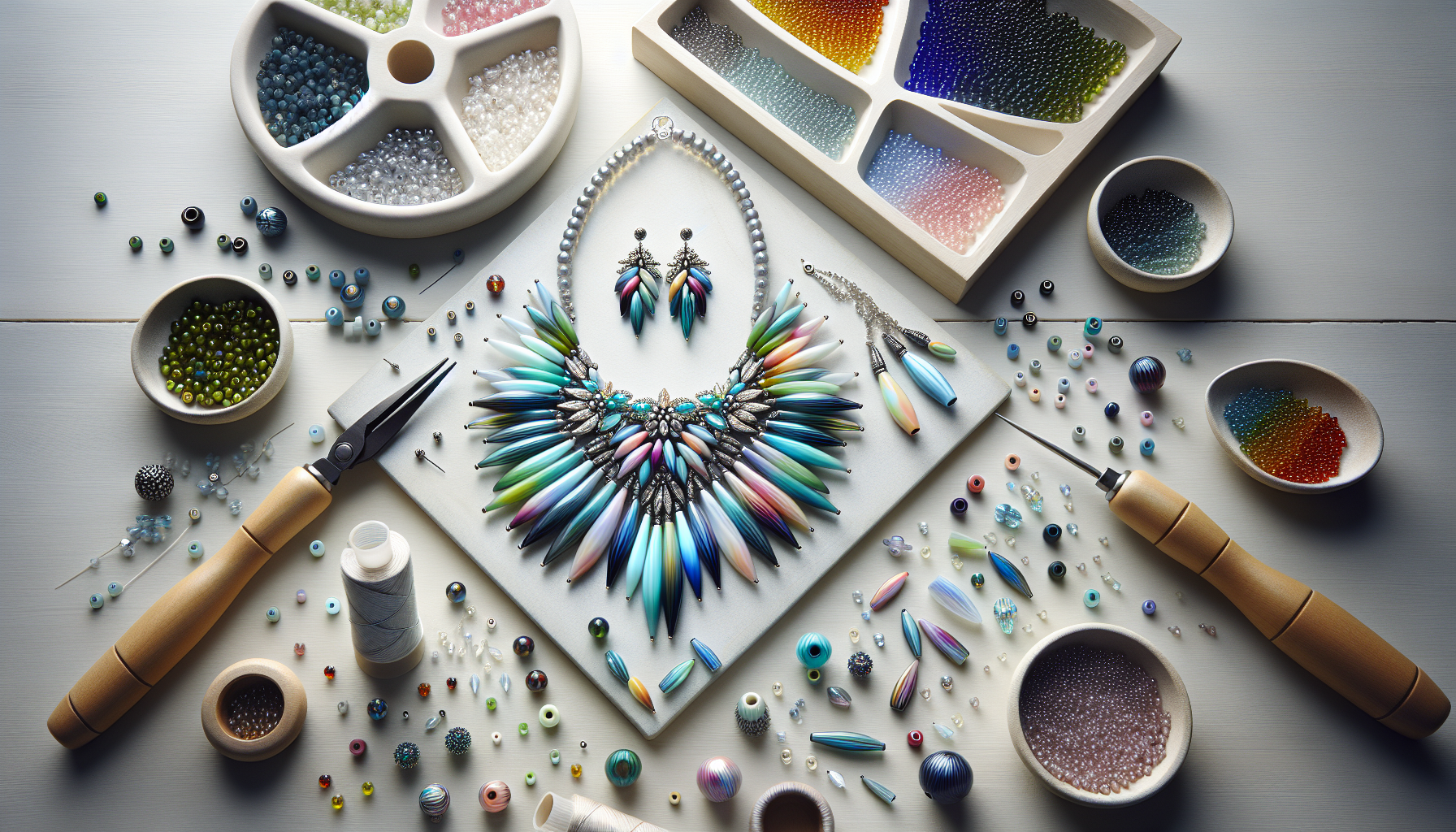 Plattläggning med smyckestillverkning: färgglada tjeckiska glaspärlor Dagger, halvfärgat halsband, örhängen och verktyg i nordiskt ljus