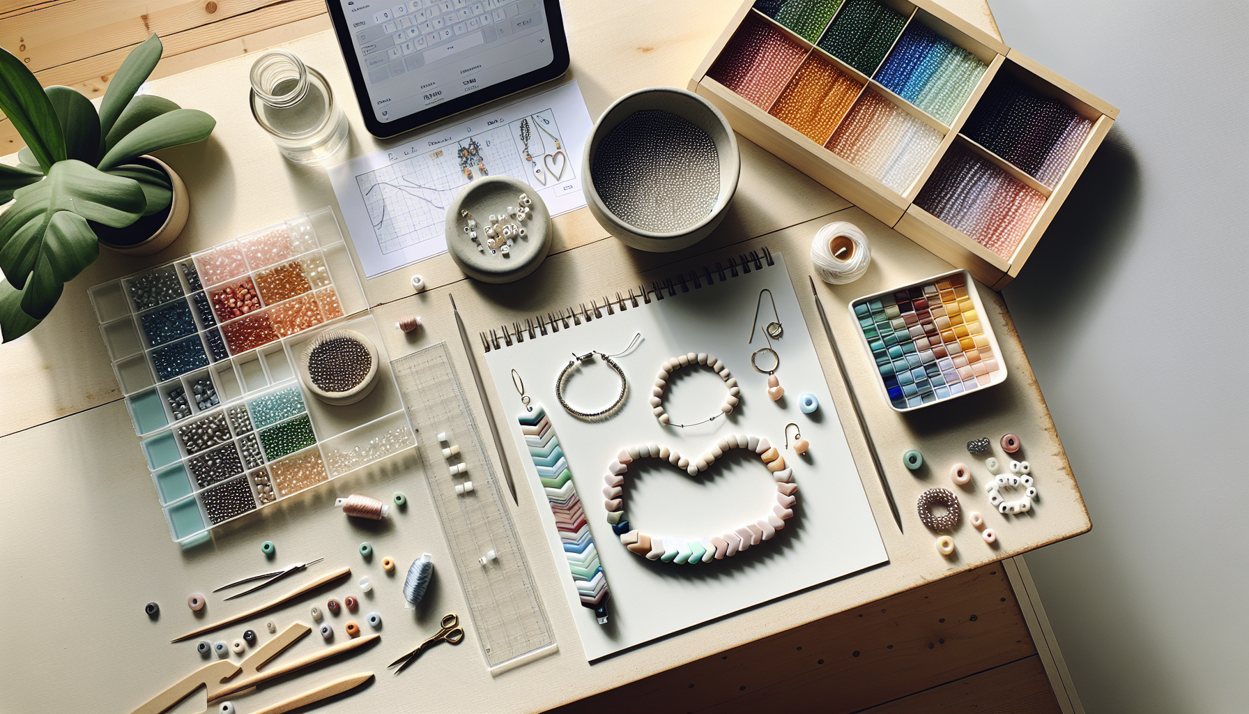 Flatlay med tjeckiska glaspärlor Mini Chevron, armband & örhängen på ljus skrivbordsyta, pärlmatta, verktyg och svensk DIY-smyckeswebbshop på skärm