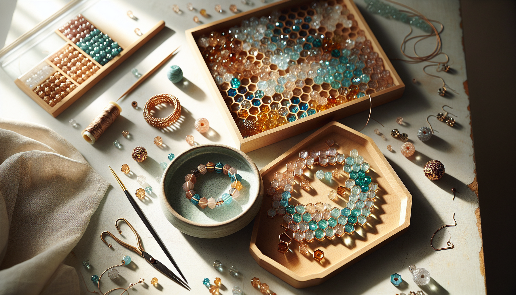 Närbild på tjeckiska glaspärlor Honeycomb Jewel i smyckesverkstad, hexagonformade pärlor från Hilmaspyssel.se i ljus, skandinavisk stil