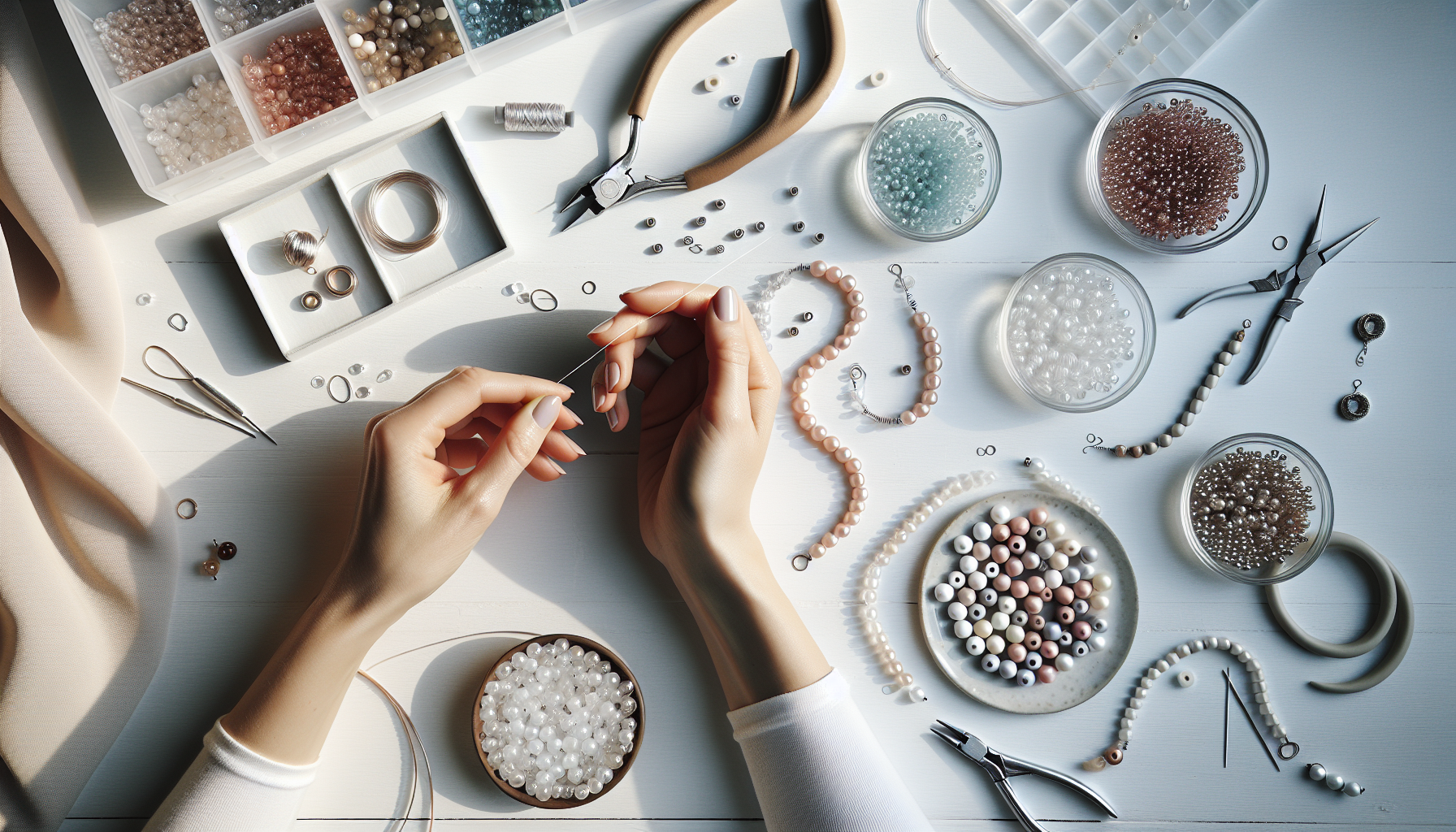 Närbild på händer som trär små runda glaspärlor 2mm på tråd vid ljus, nordisk DIY smyckesverkstad med verktyg och halvfärdiga armband.