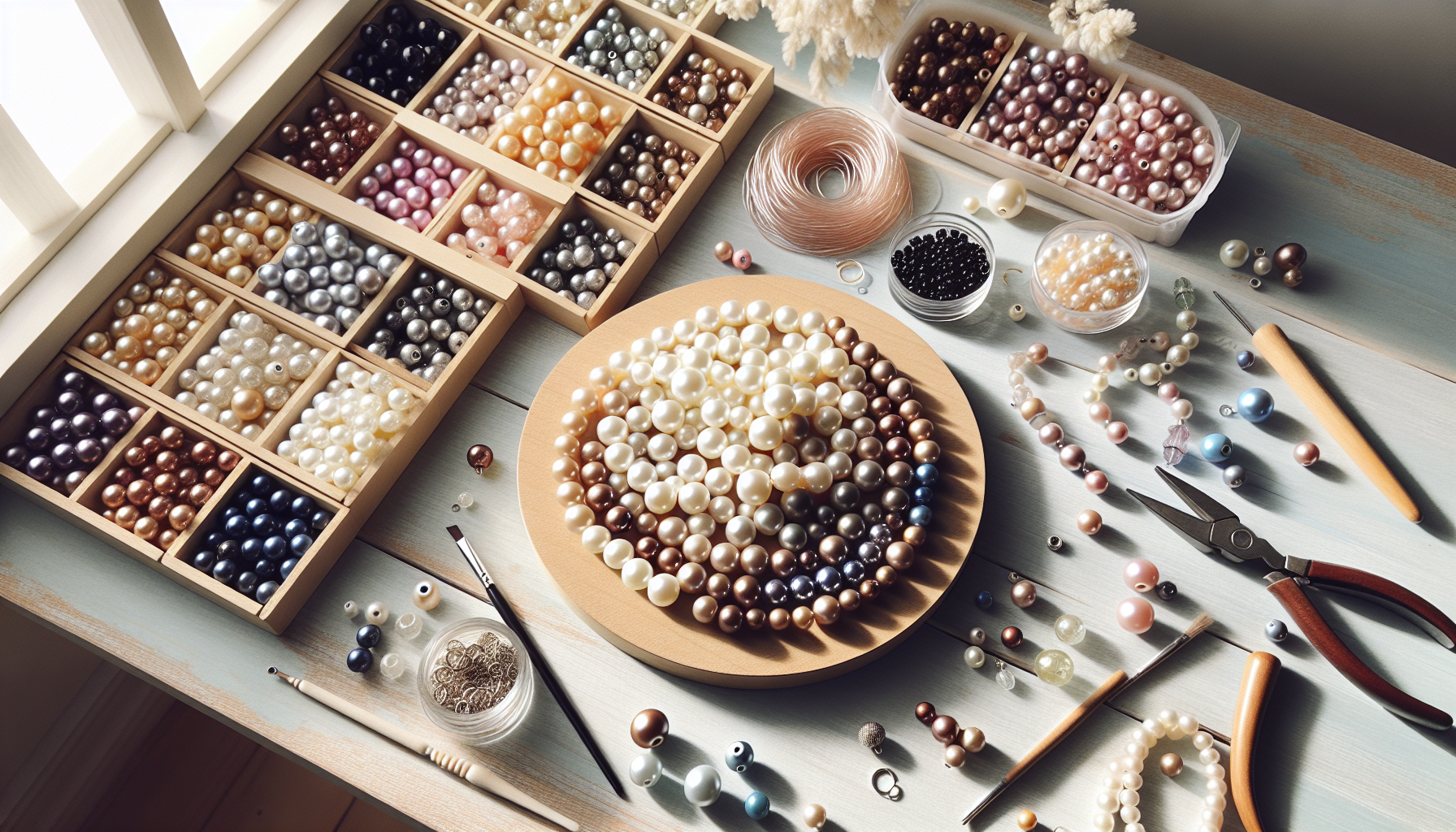 Ljus flatlay på skandinaviskt smyckesbord med stora 16 mm vaxade glaspärlor, verktyg och halvfärdiga halsband i kreativa pastellfärger