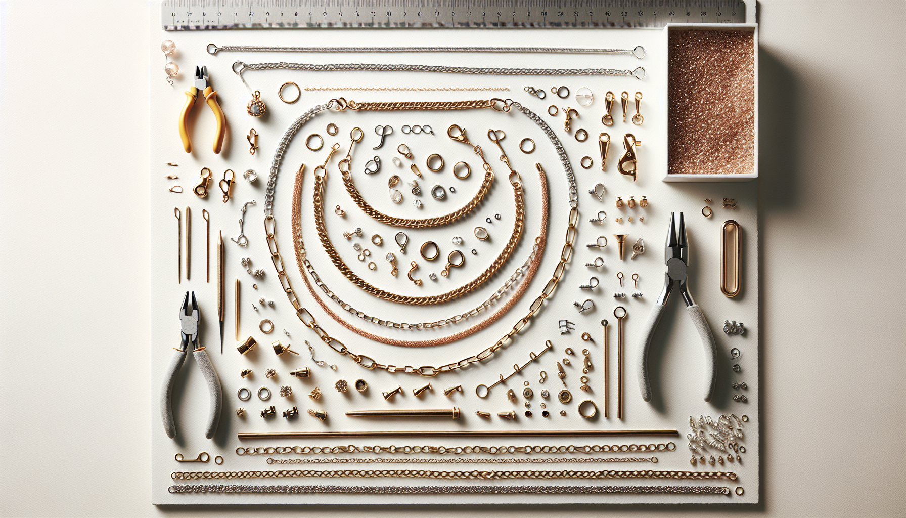 Minimalistisk flatlay med smyckesdelar, lås, kedjor och tänger i guld, silver och rosé, perfekt som inspirerande headerbild för smyckesblogg.