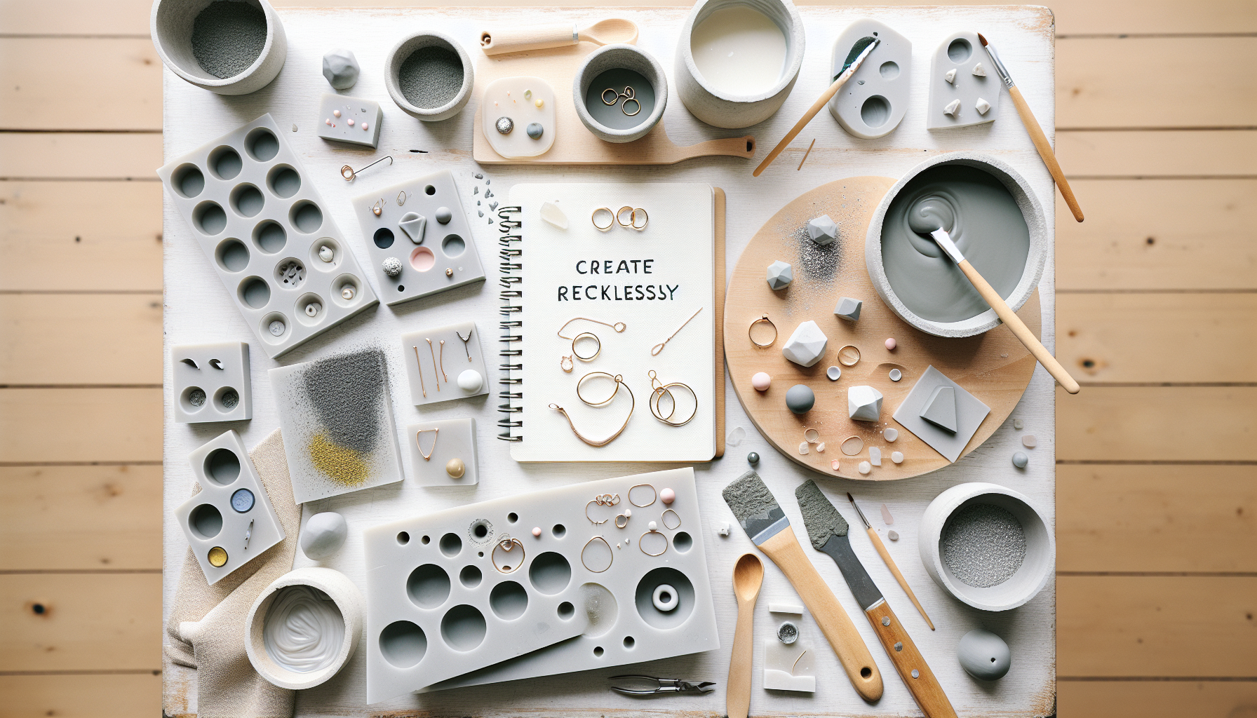 Skandinaviskt DIY-smyckesbord uppifrån med smyckesbetong, silikonformar, verktyg och anteckningsbok med texten ”Create Recklessly”.