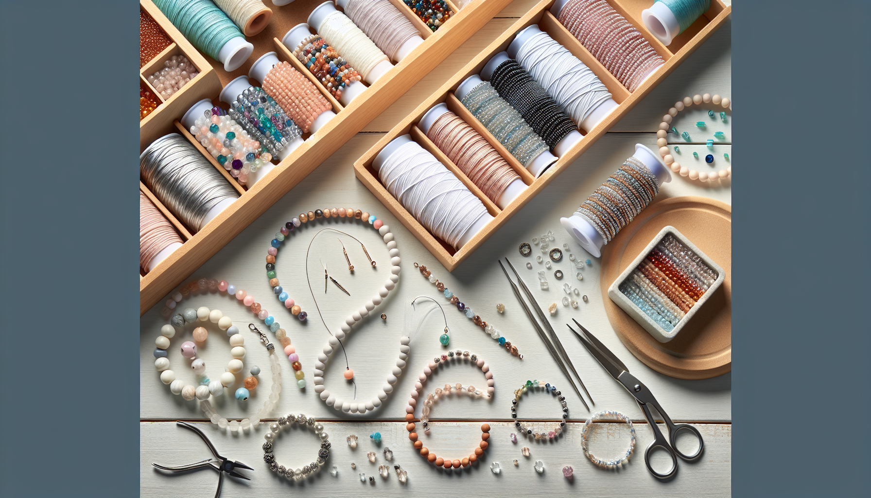 Närbild på DIY-armband med elastiska pärlarmband, Beadalon-smyckestråd, verktyg och sorterade pärlor på ljus träyta i mjukt dagsljus