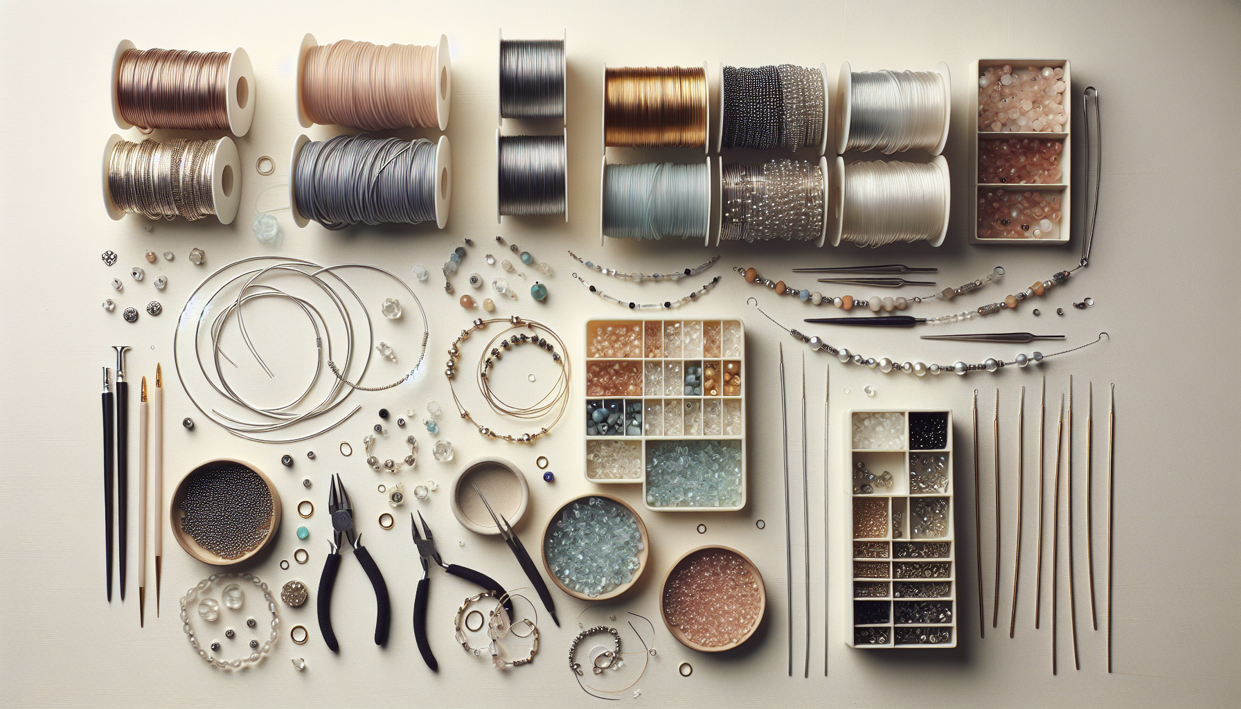 Minimalistisk flatlay med Beadalon-liknande pärltråd, nordiska glas- och ädelstenpärlor, halvfärdigt armband, halsband och smyckesverktyg.