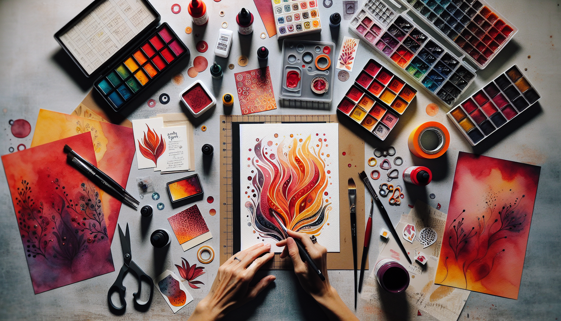 Kreativt pysselbord med händer som dekorerar kort och scrapbook i Wildfire-kollektionens varma färger för Hilmaspyssel.se