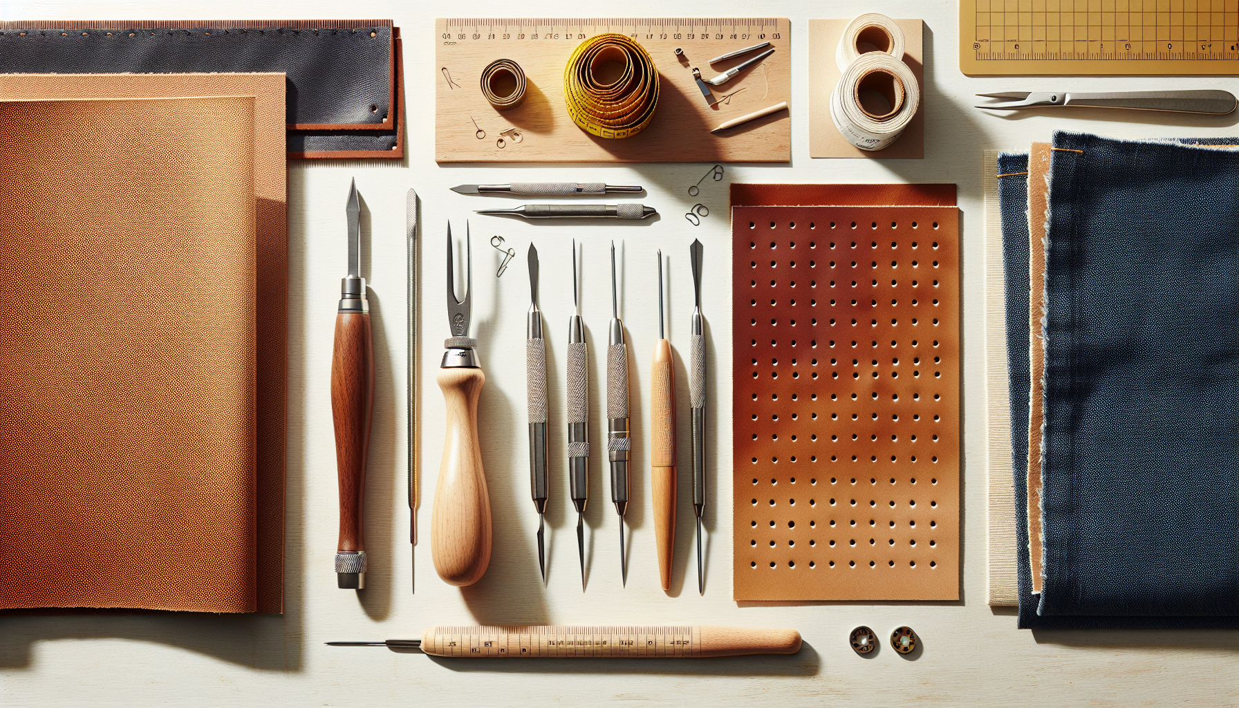 Plattläggning med sylar för läder, bokbinderi och sömnad på ljust träbord, omgiven av läder, kartong, tyg, måttband, nålar och tråd