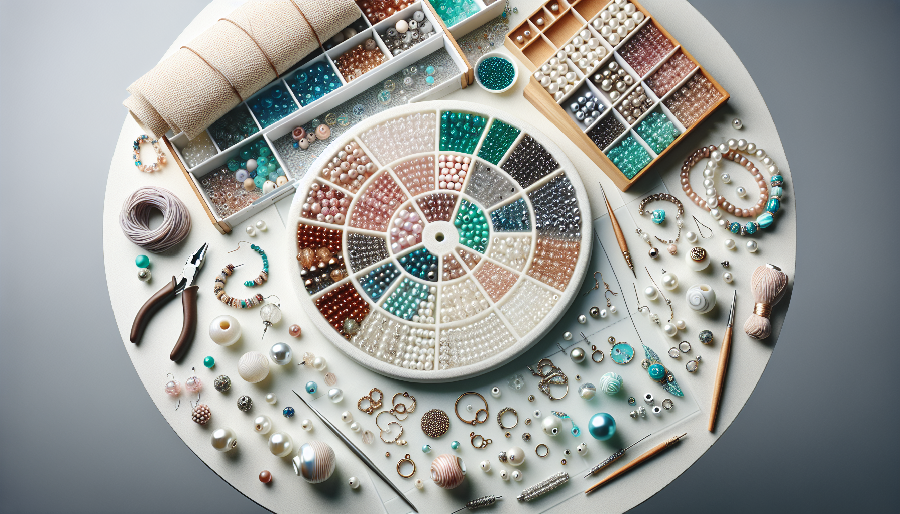 Samos® par Puca® tvåhålsglaspärlor på vit arbetsyta med smyckesprojekt och Hilmaspyssel.se, modern produktbild för smyckestillverkning och webshop