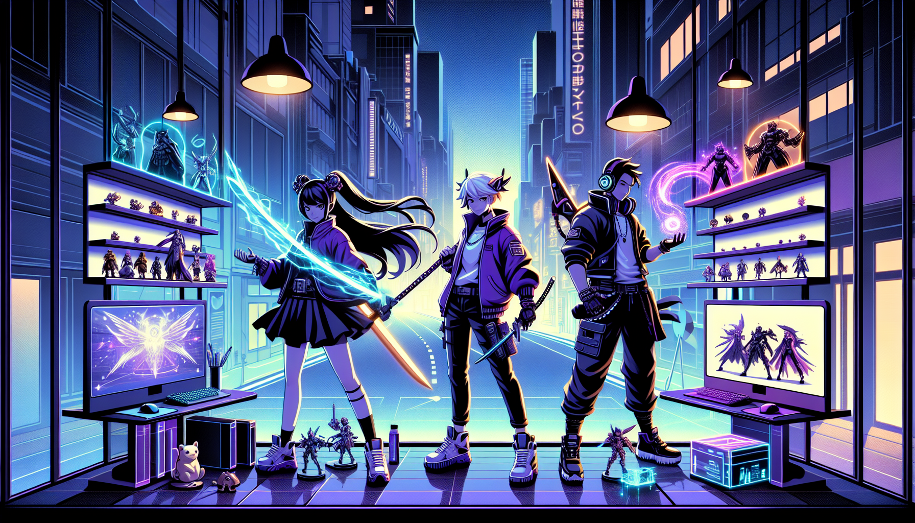 Neon-lit urban fantasy street at dusk with three anime heroes, gaming setup and collectibles – banner for Swedish action-RPG and merch blog