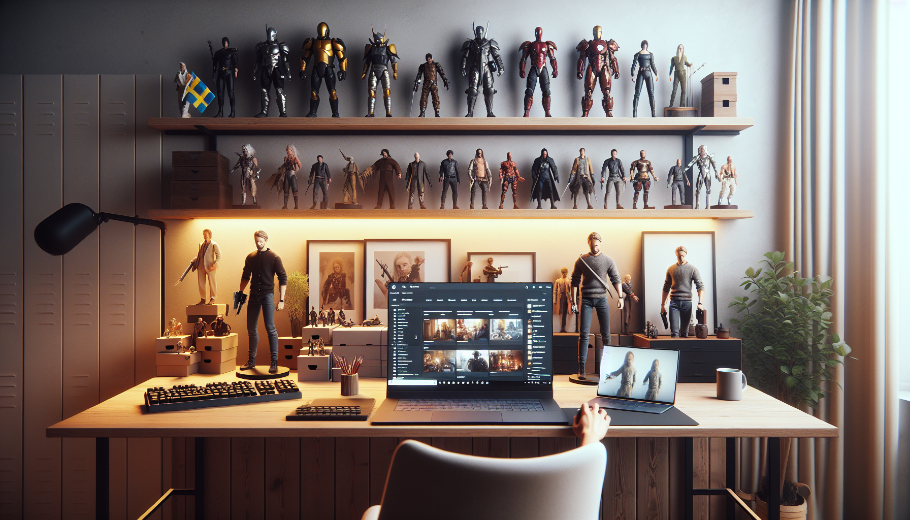 Cinematic desktop environment for Swedish gamer with NECA-like collectible figures and laptop open on Swedish collector's site, cozy room in Nordic style