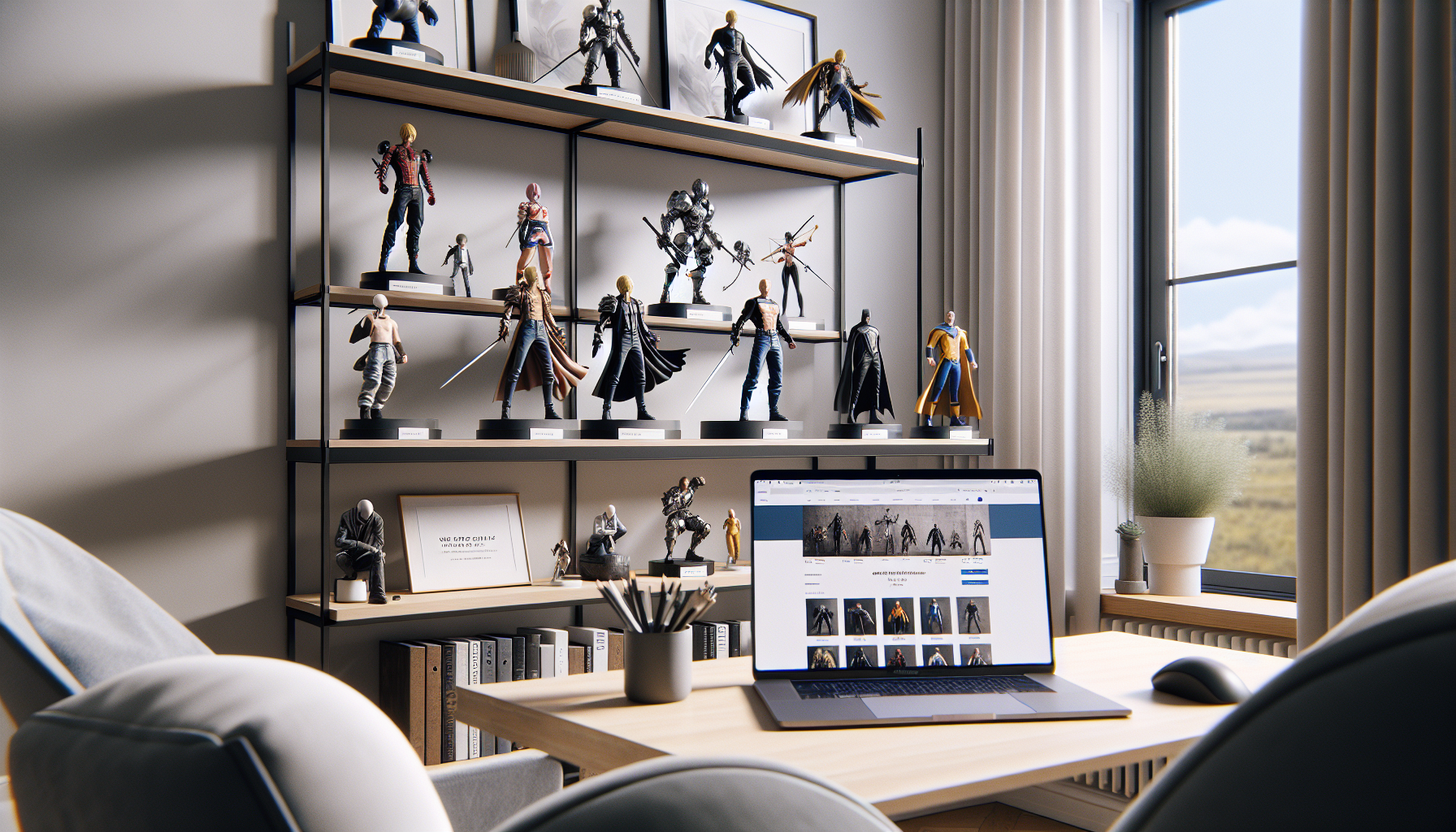 Modern skandinavisk vardagsrumshylla med Iron Studios-liknande premiumstatyer, laptop med Robotto.se och exklusiva samlarfigurer online i Sverige