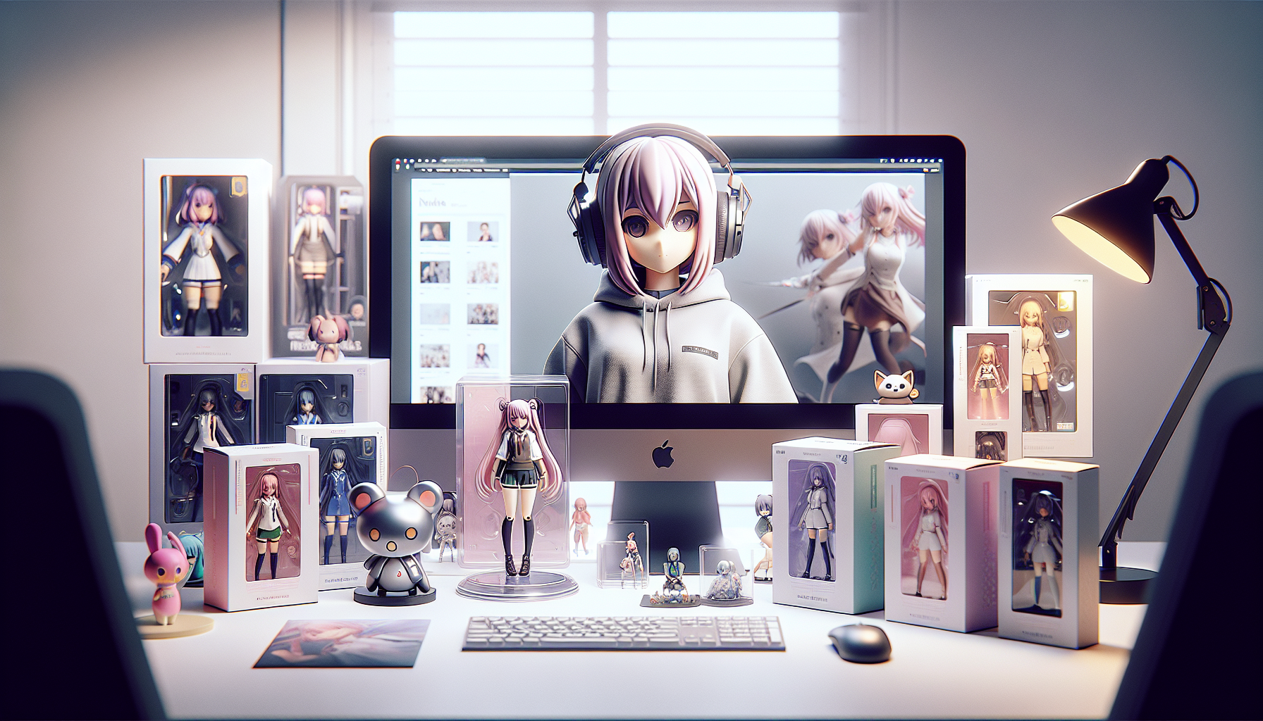 Anime figure in focus on white desk shelf with Nerdbutiken.se on screen, Swedish flag and SEK prices – stylish collector's corner in Sweden