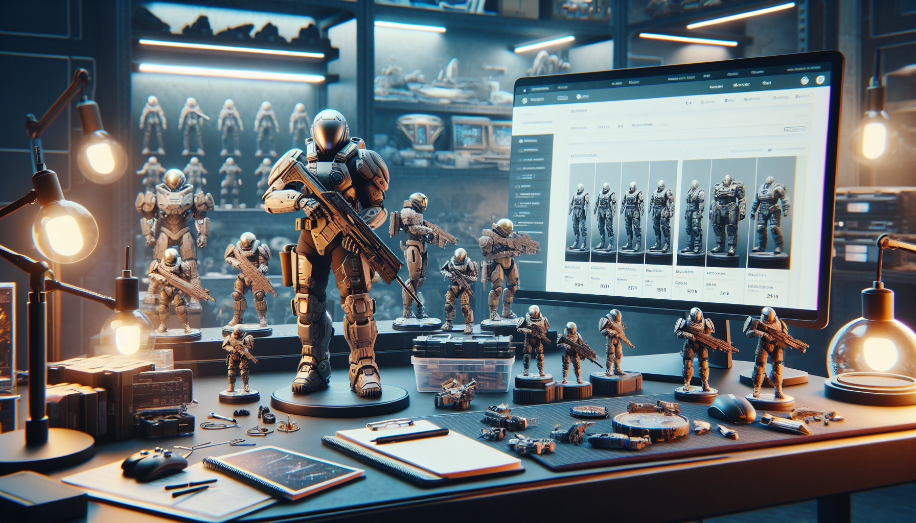 Cinematic image with sci-fi soldier figures on a shelf, cozy gaming corner, and a Swedish online store showing collectible figures and prices in SEK in the background