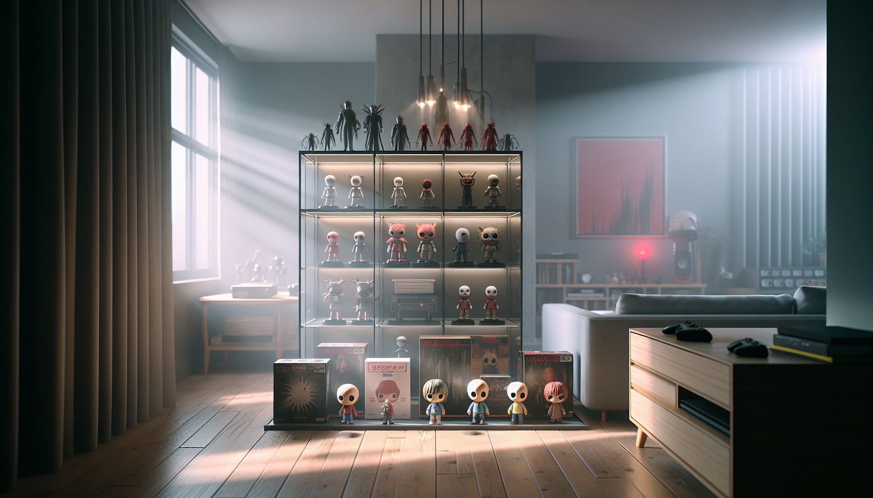 Stilren samlarhylla i svensk lägenhet med chibi-skräckfigurer, dimmig Silent Hill-inspirerad belysning och modern gaminginredning i bakgrunden