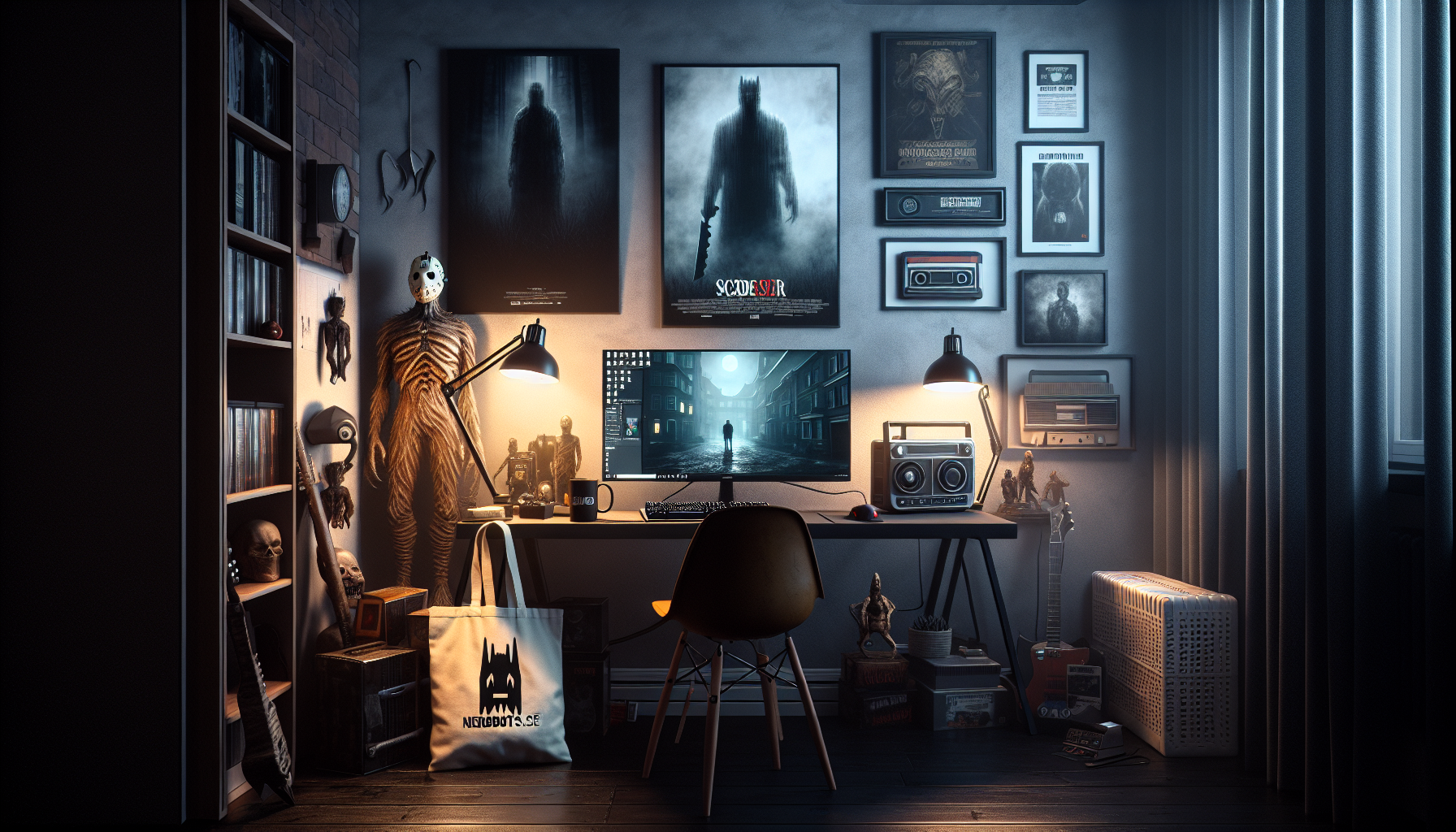 Mysig svensk gaminghörna med psykologisk skräck‑merch från Nerdbutiken.se, samlarfigurer, posters och prylar i dimmig Silent Hill‑inspirerad stil