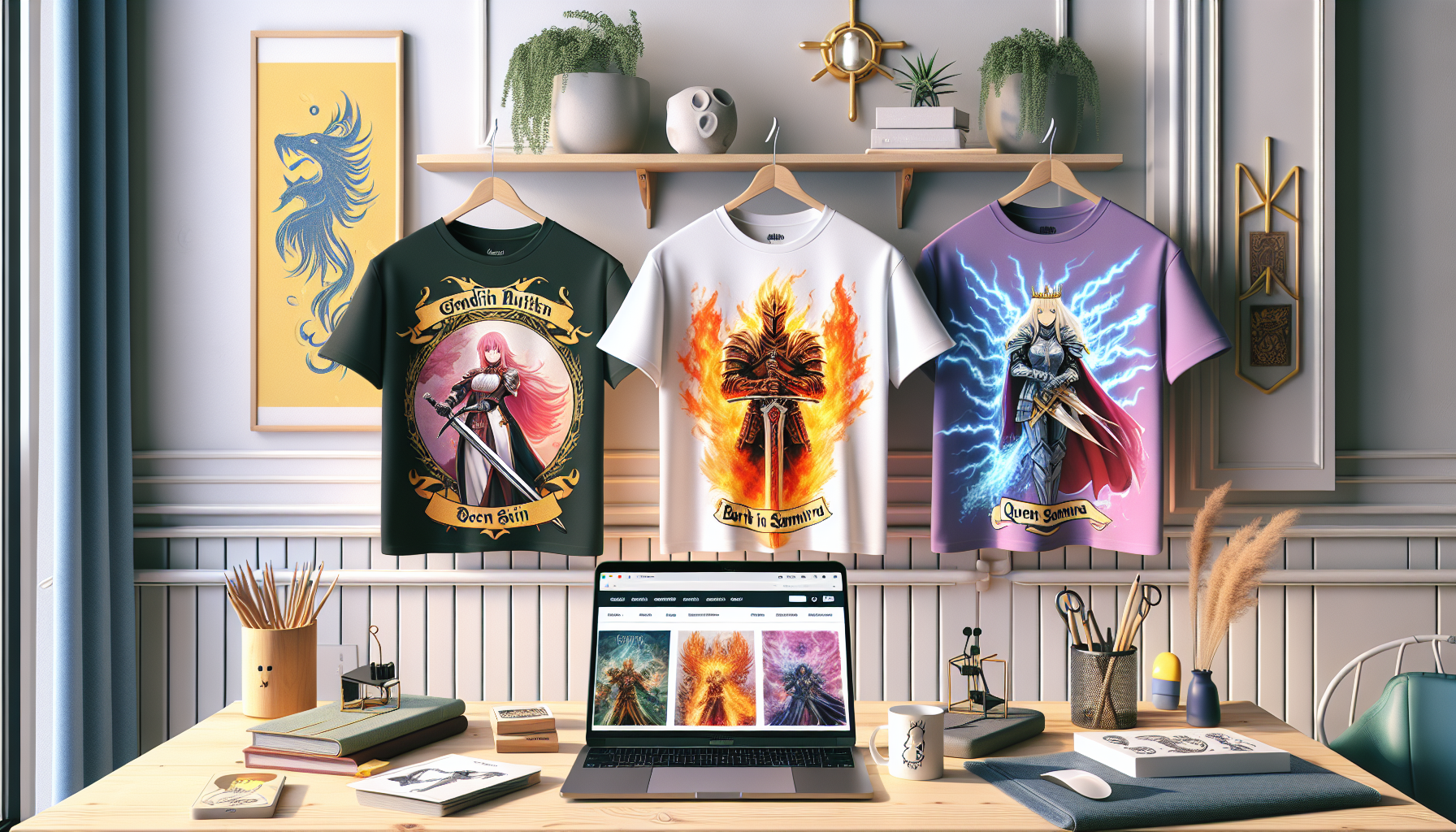 Svensk webshop-miljö med vikta Genshin‑inspirerade T‑shirts i rad, animeelement i rött, grönt, lila på ljus träbord i skandinavisk inredning