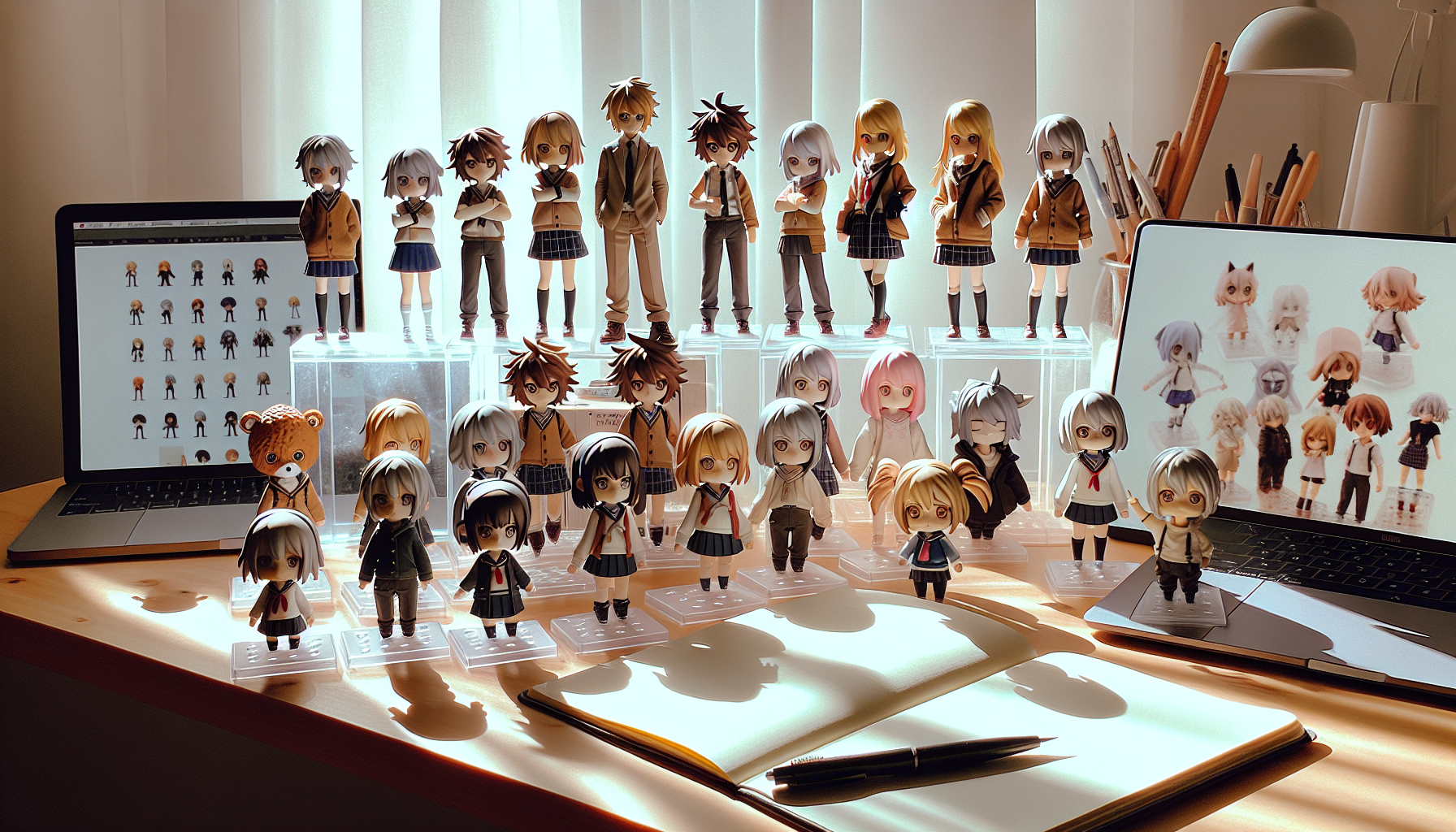 Skandinavisk skrivbordsmiljö med chibi animefigurer på display, samlarlådor, laptop och växt – stilren svensk guide till figurinsamling