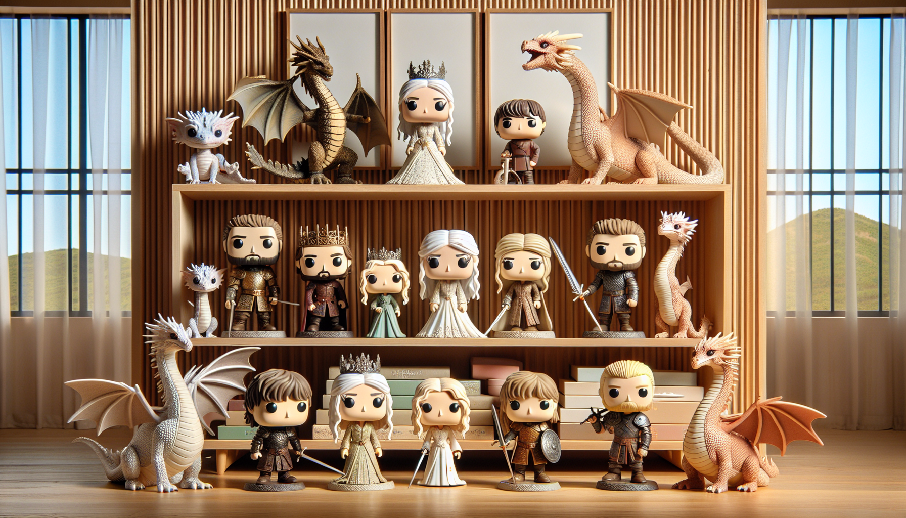 Stilren hylla med drakdynasti-inspirerade samlarfigurer i skandinaviskt vardagsrum, e-handel på surfplatta, nördig inredning för fantasyfans
