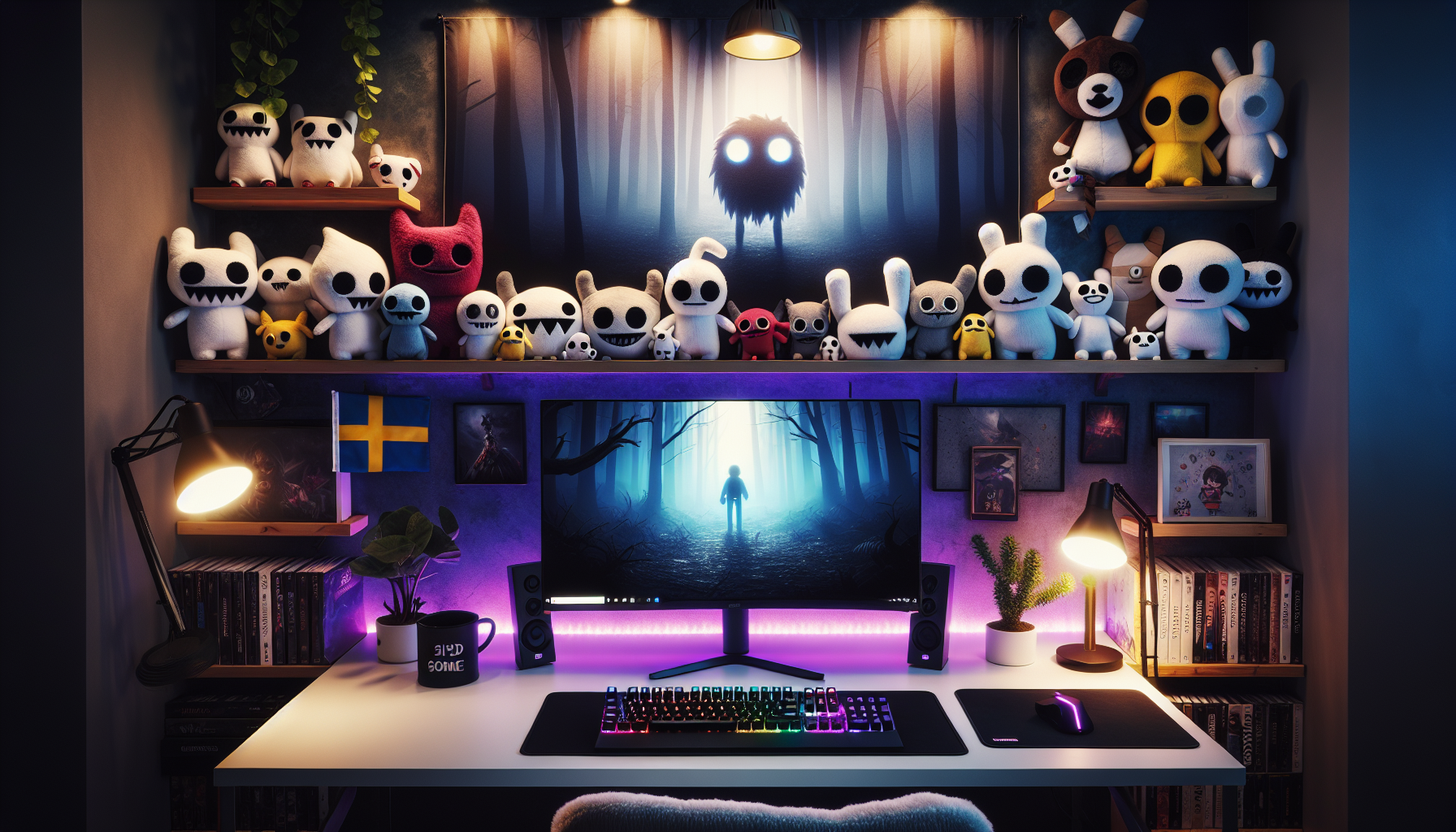 Scandinavian gaming corner with FNAF-inspired plush toys on desk and shelf, cozy RGB lighting, and Swedish flag detail at Gamedungeon.se