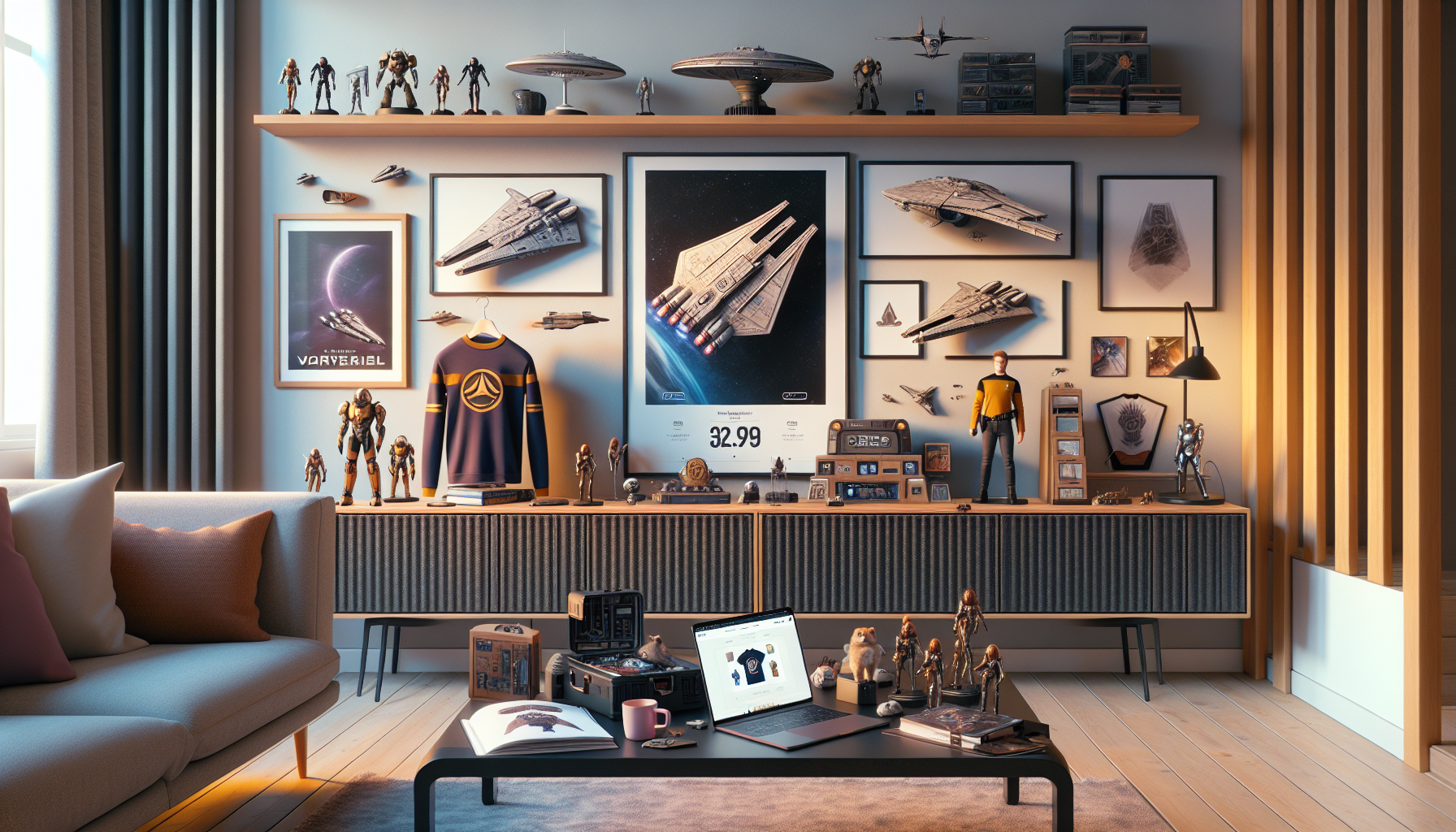 Skandinaviskt vardagsrum med Star Trek‑inspirerad samling från Nerdbutiken.se och laptop som visar svensk webshop för sci‑fi‑merchandise