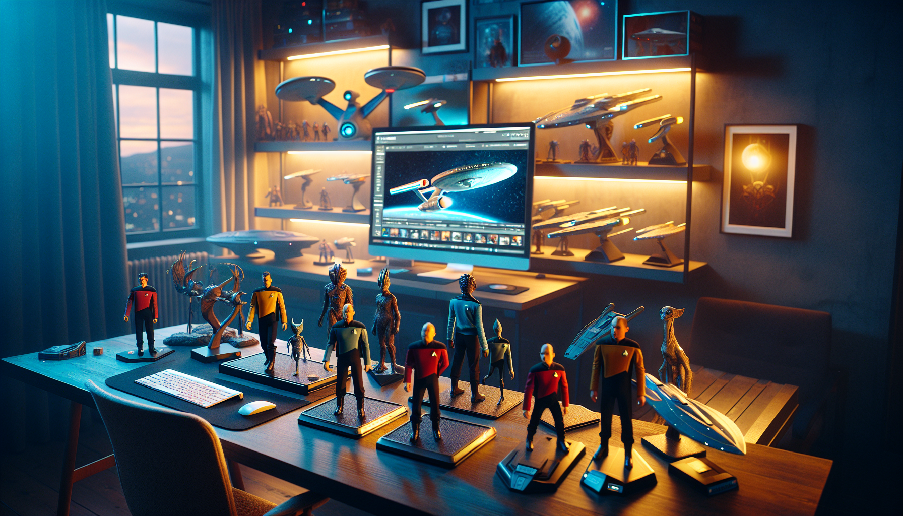 Desk with sci-fi collectibles and spaceship models in a modern Swedish apartment, computer showing a Swedish nerd webshop for secure e-commerce