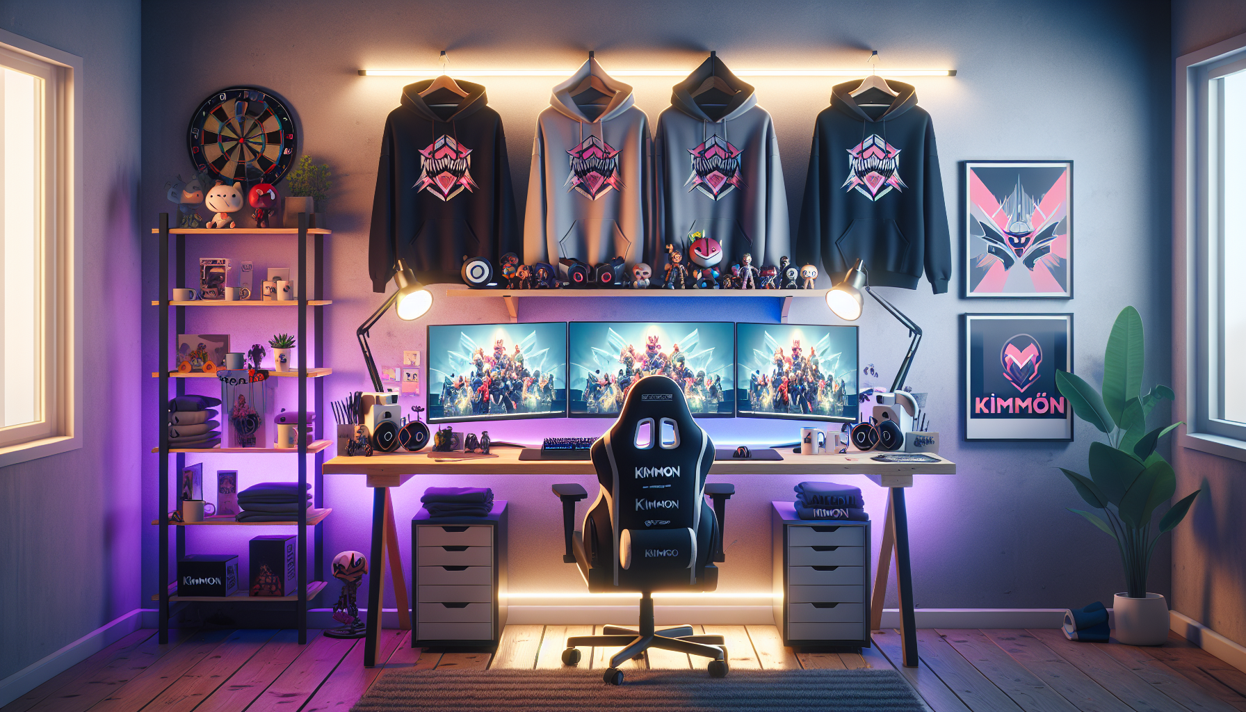 Modern gaming setup with dual monitors, RGB lighting, and stylish Kimmon-inspired merch items on the desk and wall in Scandinavian decor