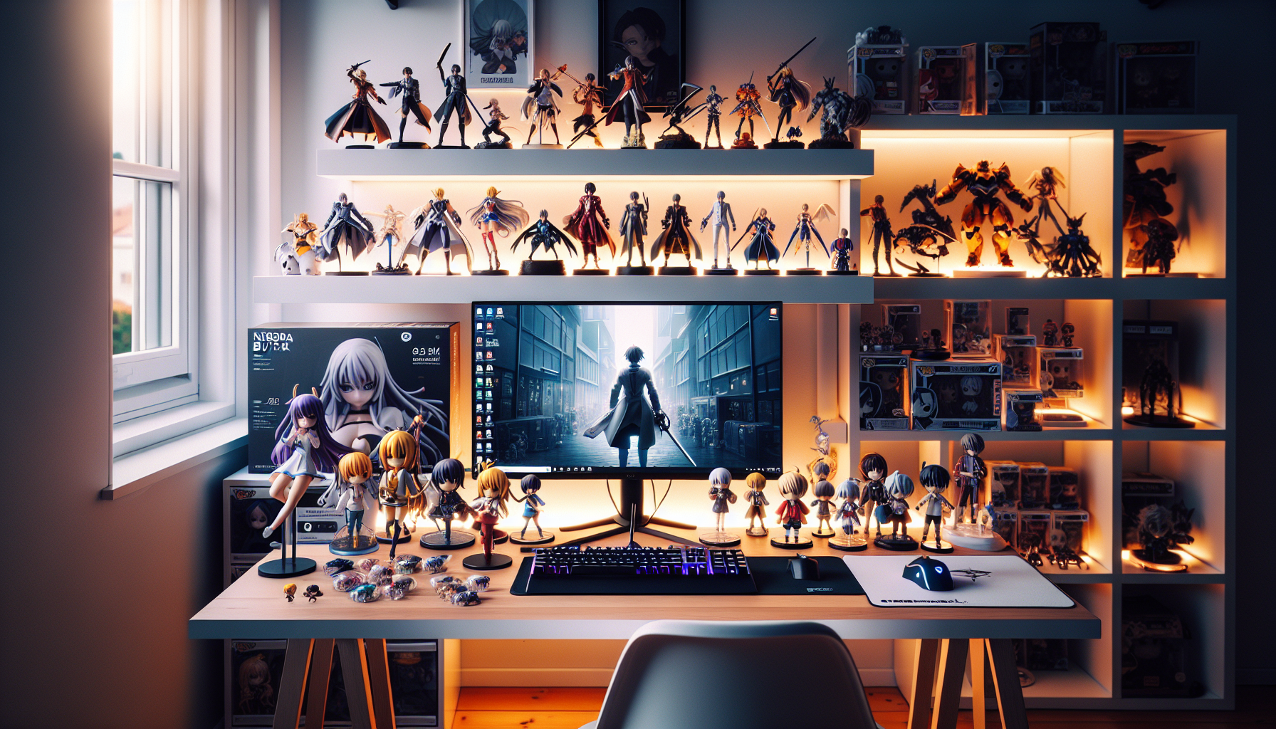 Modern collector's corner with genuine anime and gaming figures on desk, Swedish webshop on screen – safe online store for licensed figures