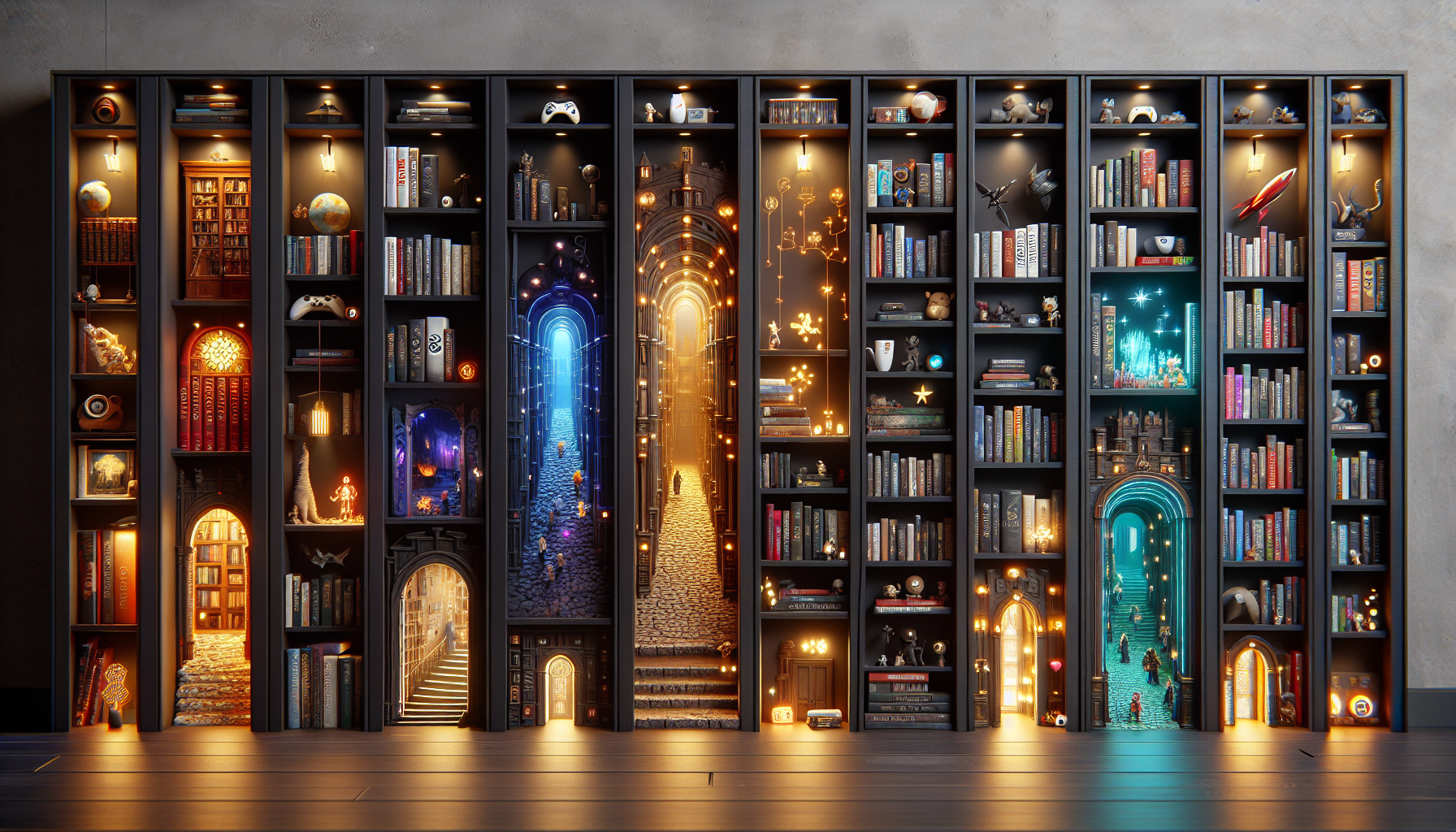 Magisk nördig bokhylla med upplysta book nooks i fantasy, sci-fi, manga och gamingstil för svensk blogg om mysiga läshörnor