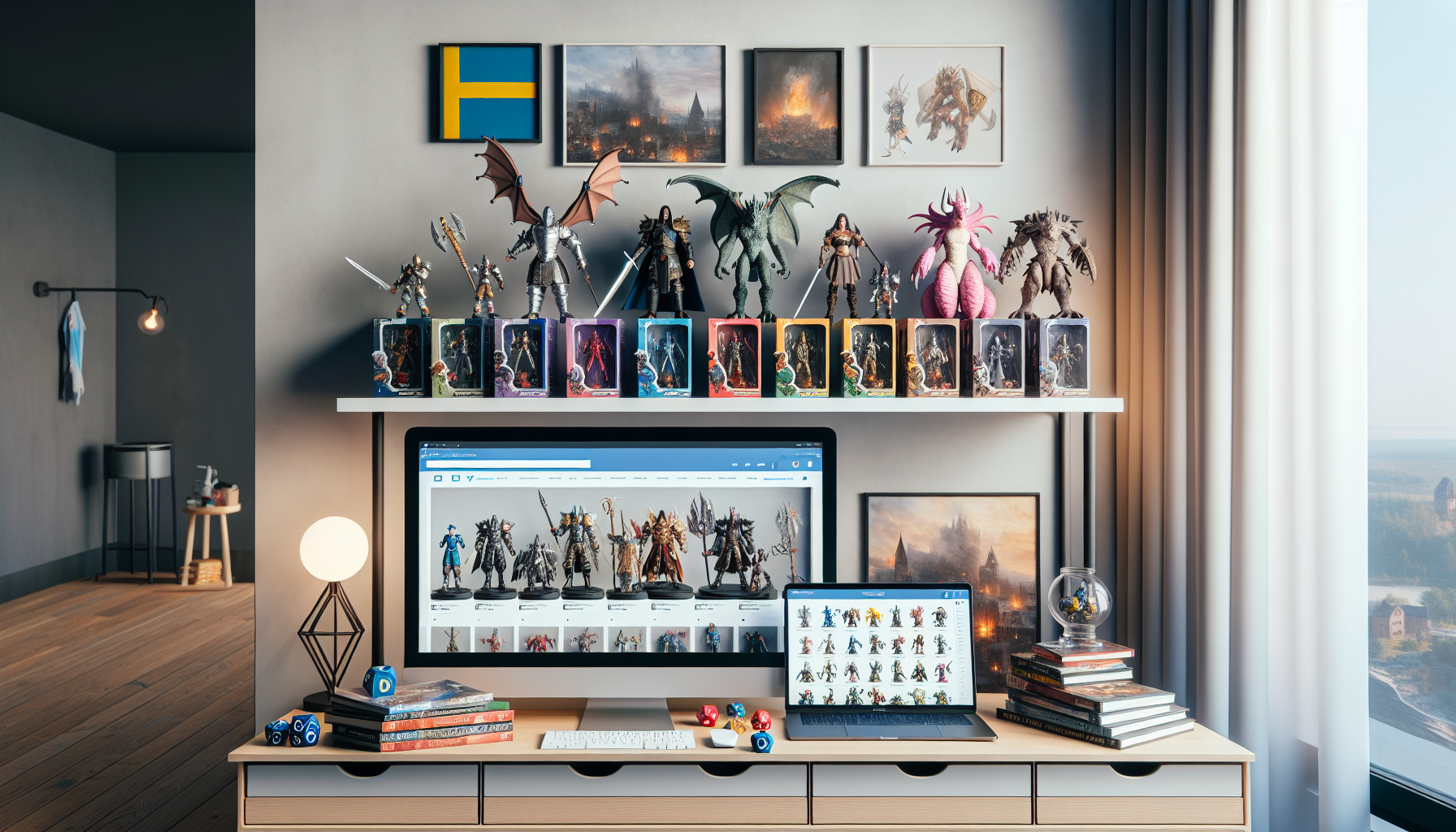 Svensk samlares hylla med fantasy actionfigurer i originalförpackning i modern, skandinavisk nördhörna med laptop och svensk webshop.