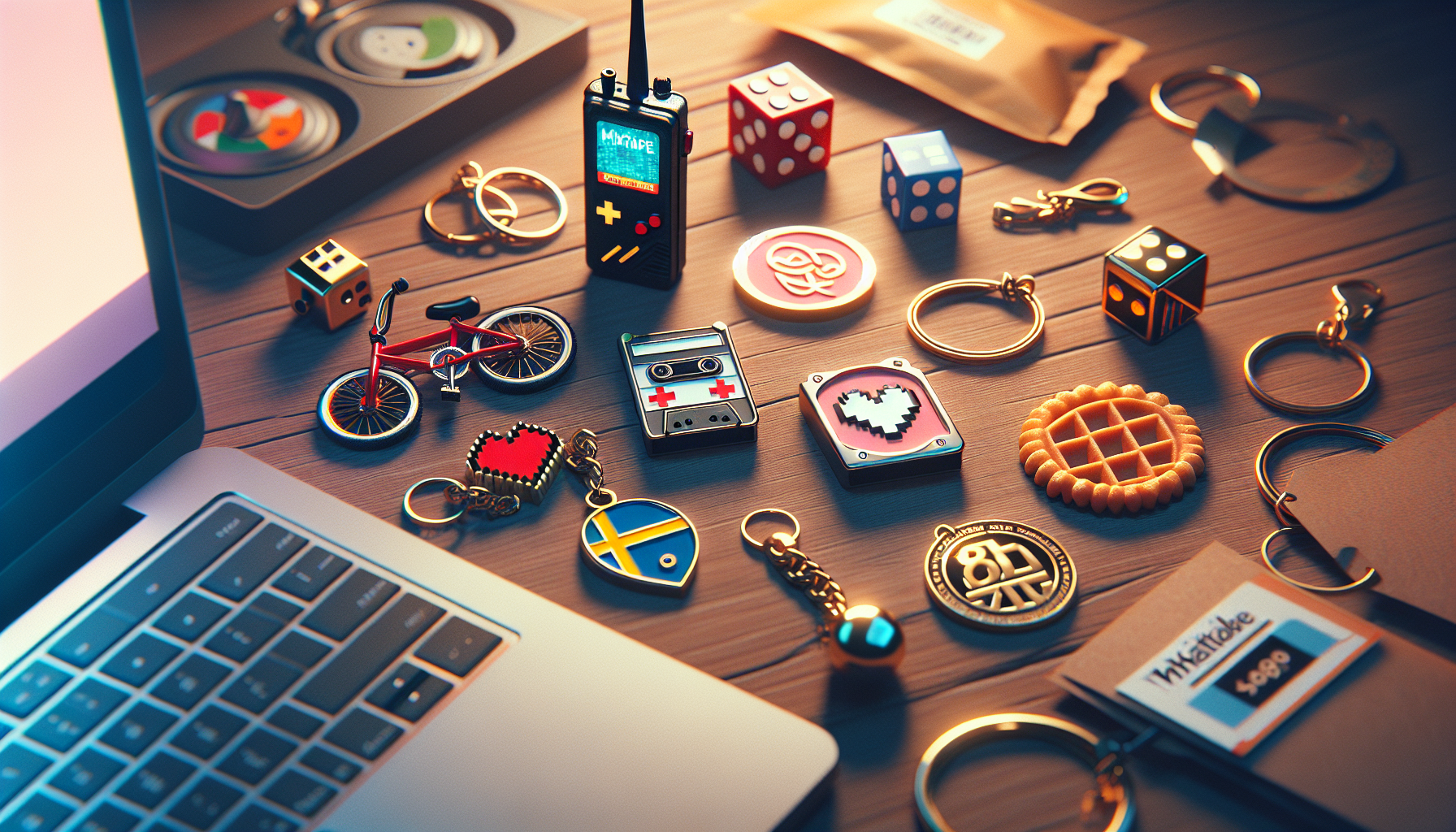 Nyckelringar inspirerade av Stranger Things på träbord, retro 80-talsdetaljer, svensk webshop i bakgrunden, varm nostalgisk belysning