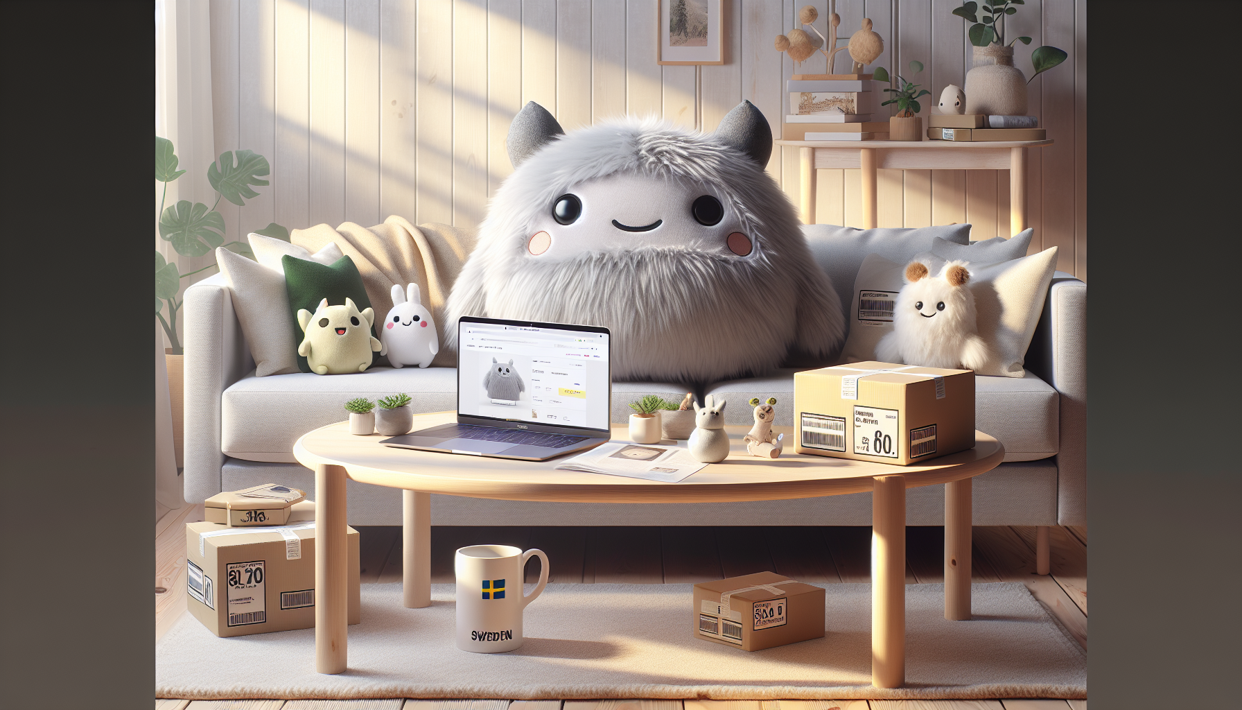 Skandinavisk vardagsrumsmiljö med premium anime‑inspirerade gosedjur, laptop och fraktlåda som visar trygg svensk e‑handel online.