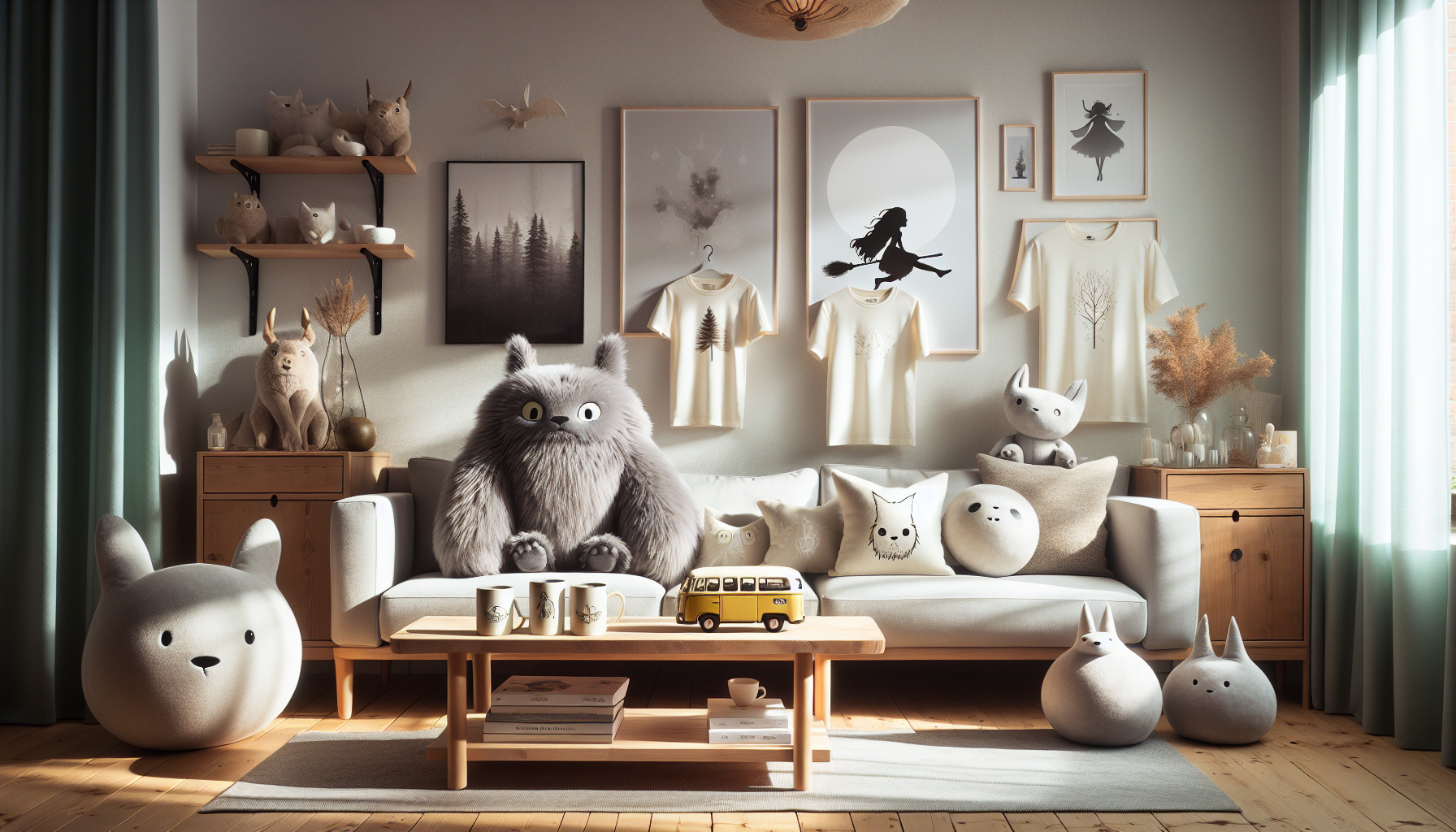 Scandinavian living room with Studio Ghibli-inspired plush toys, posters, mugs, and T-shirts from a Swedish online store, cozy quality feel