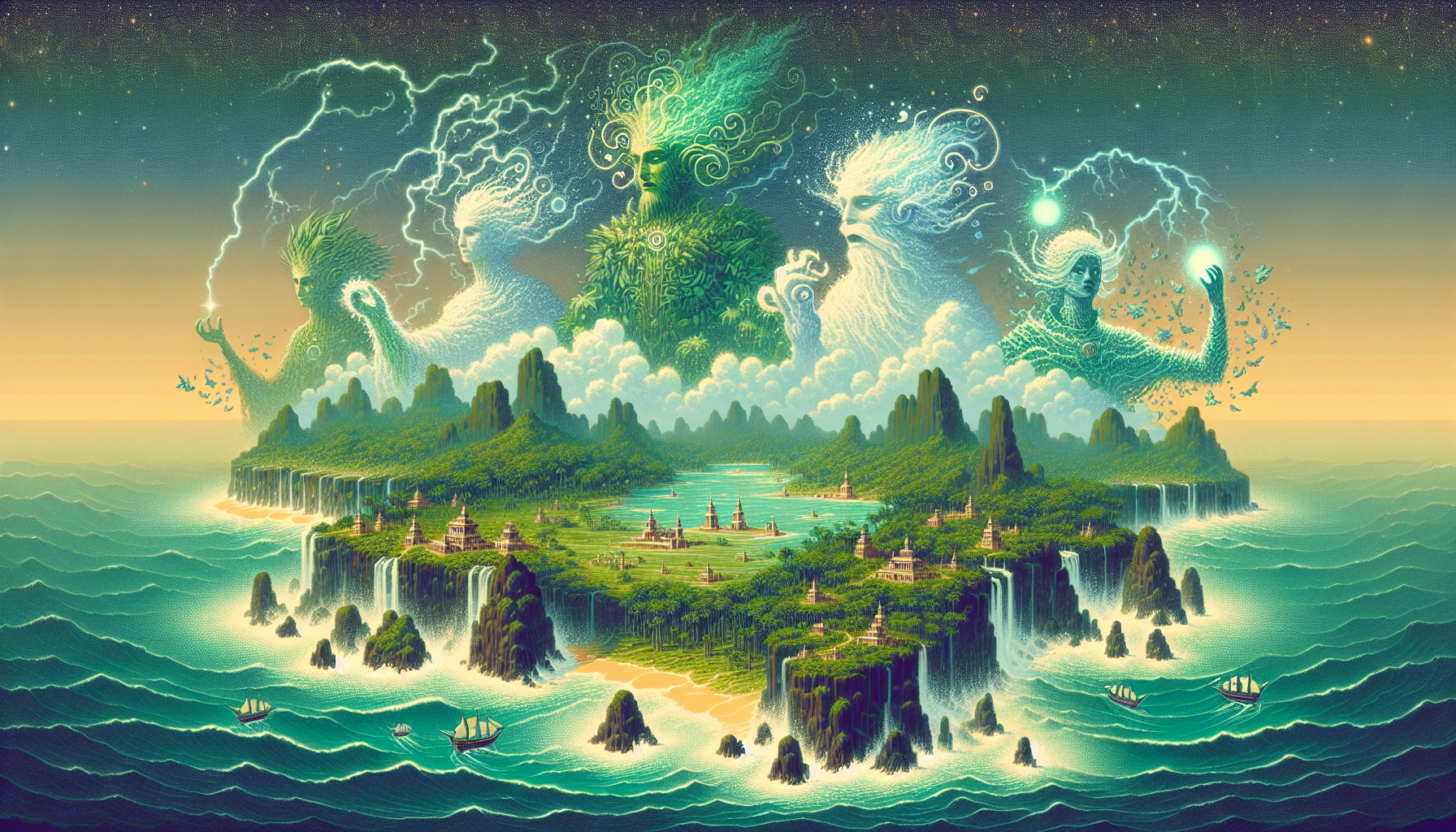 Mysterious island illustration in 16:9 with cooperative elemental spirits defending lush landscape against colonial invaders, epic board game feel