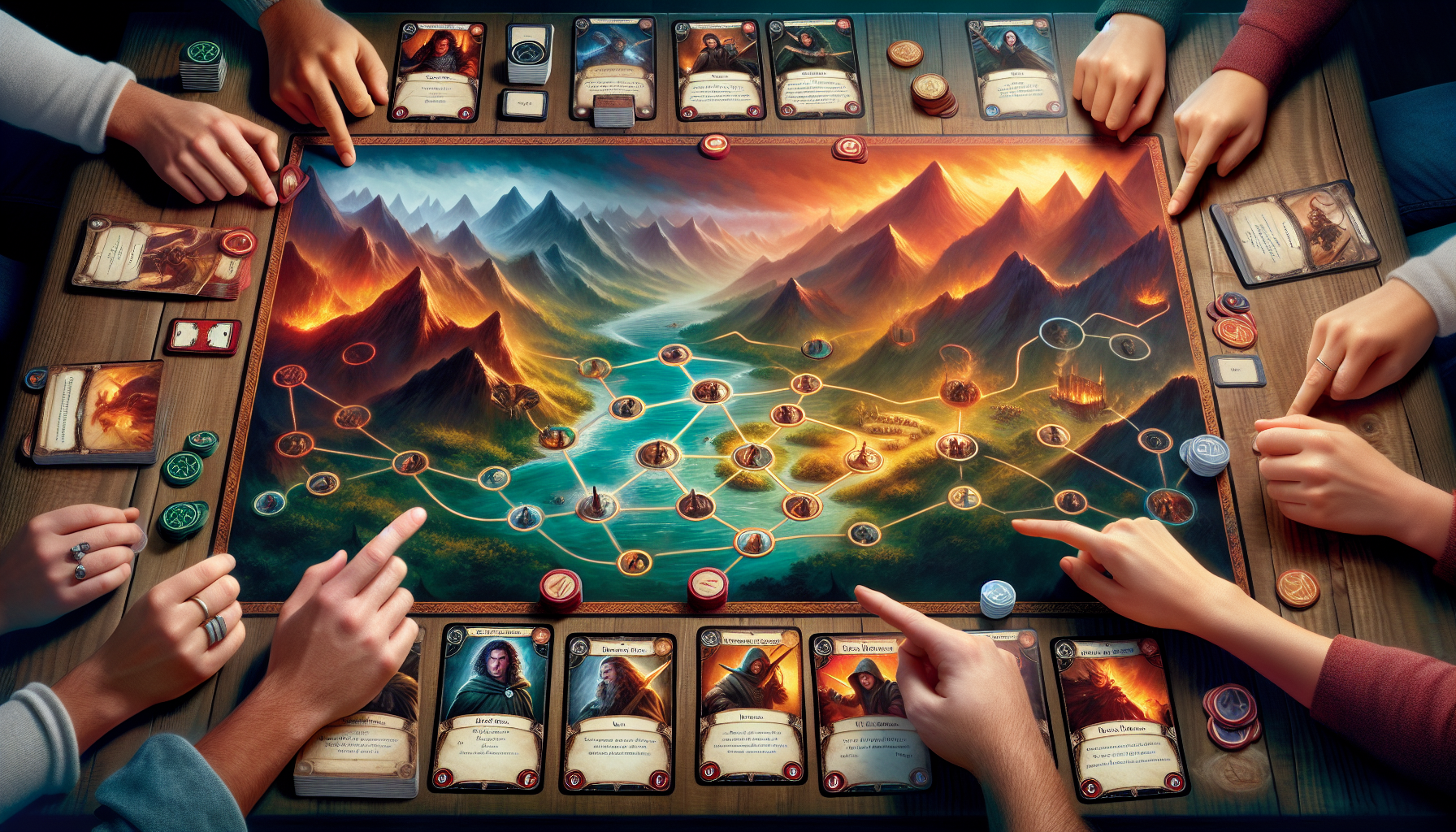 Kooperativt fantasykortspel på mysigt spelbord, spelare bygger lekar och samarbetar i äventyr, perfekt bild för guide om living card games