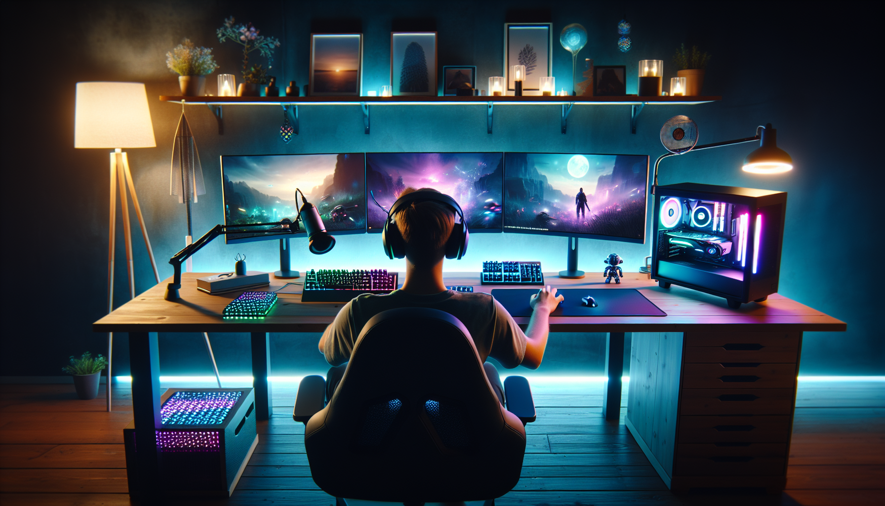 Modernt nordiskt gaming‑setup med RGB‑tangentbord, dubbla skärmar och fokuserad gamer i mörkt, mysigt rum, perfekt för PC‑spel och streaming