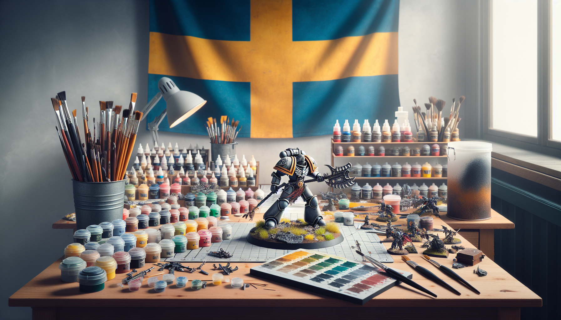 Painting station for Warhammer miniatures with Army Painter paints, basing materials, and game-ready armies, inspired by a Swedish webshop in the background