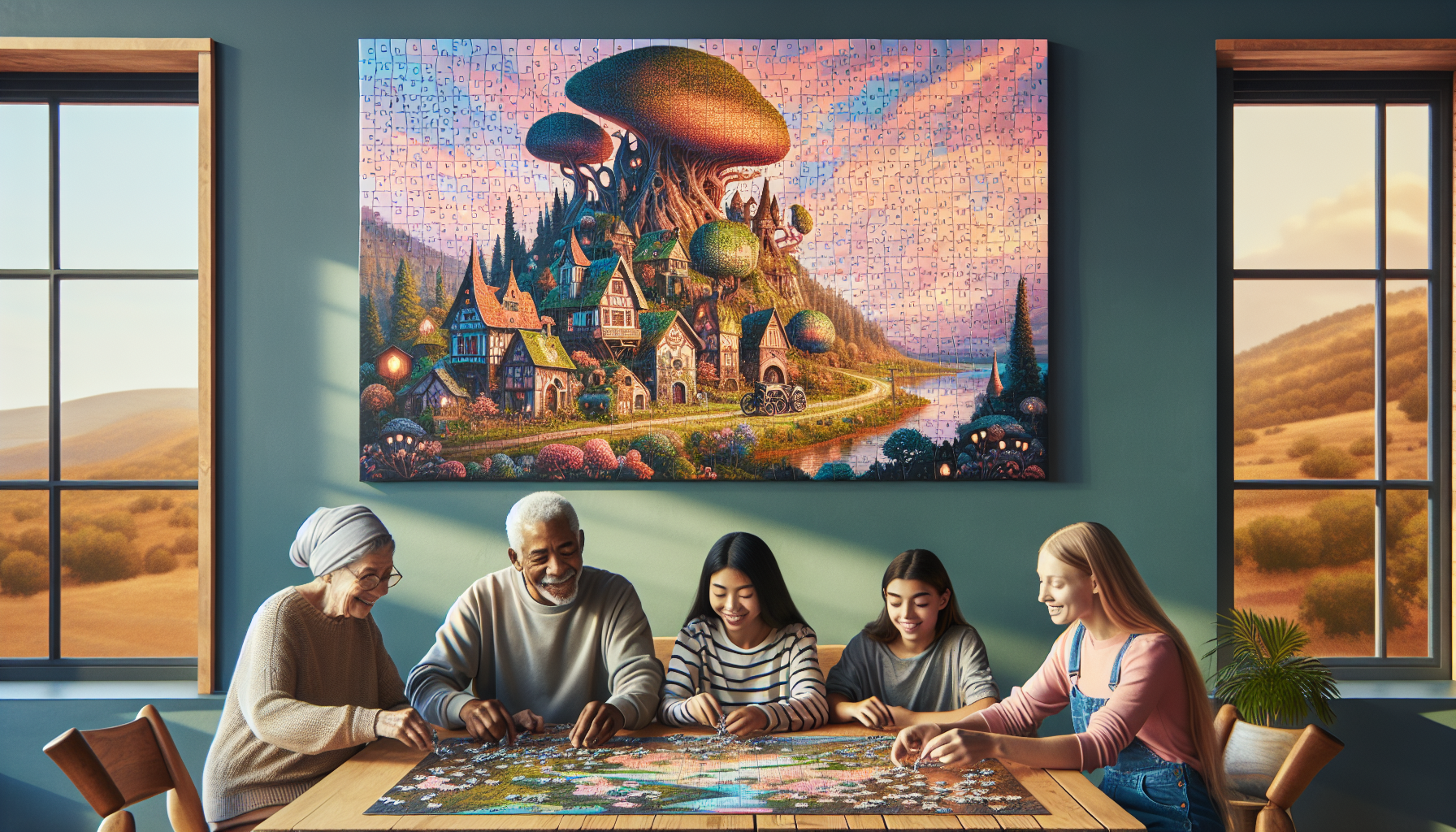 Illustration av svensk familj som lägger Studio-inspirerat animepussel från Robotto.se i mysigt vardagsrum, magisk fantasivärld på motivet