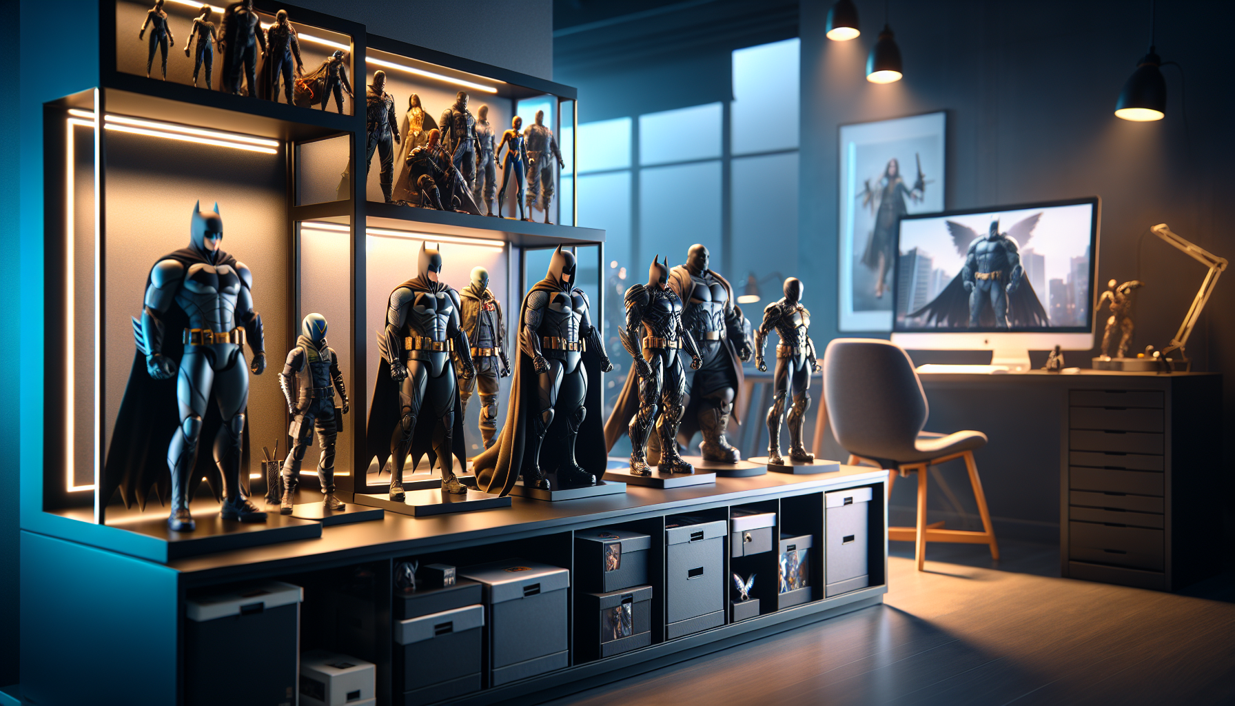 Wide-angle photo of a modern collector's shelf with dark knight figures in various price ranges, dramatic blue and amber studio-style lighting