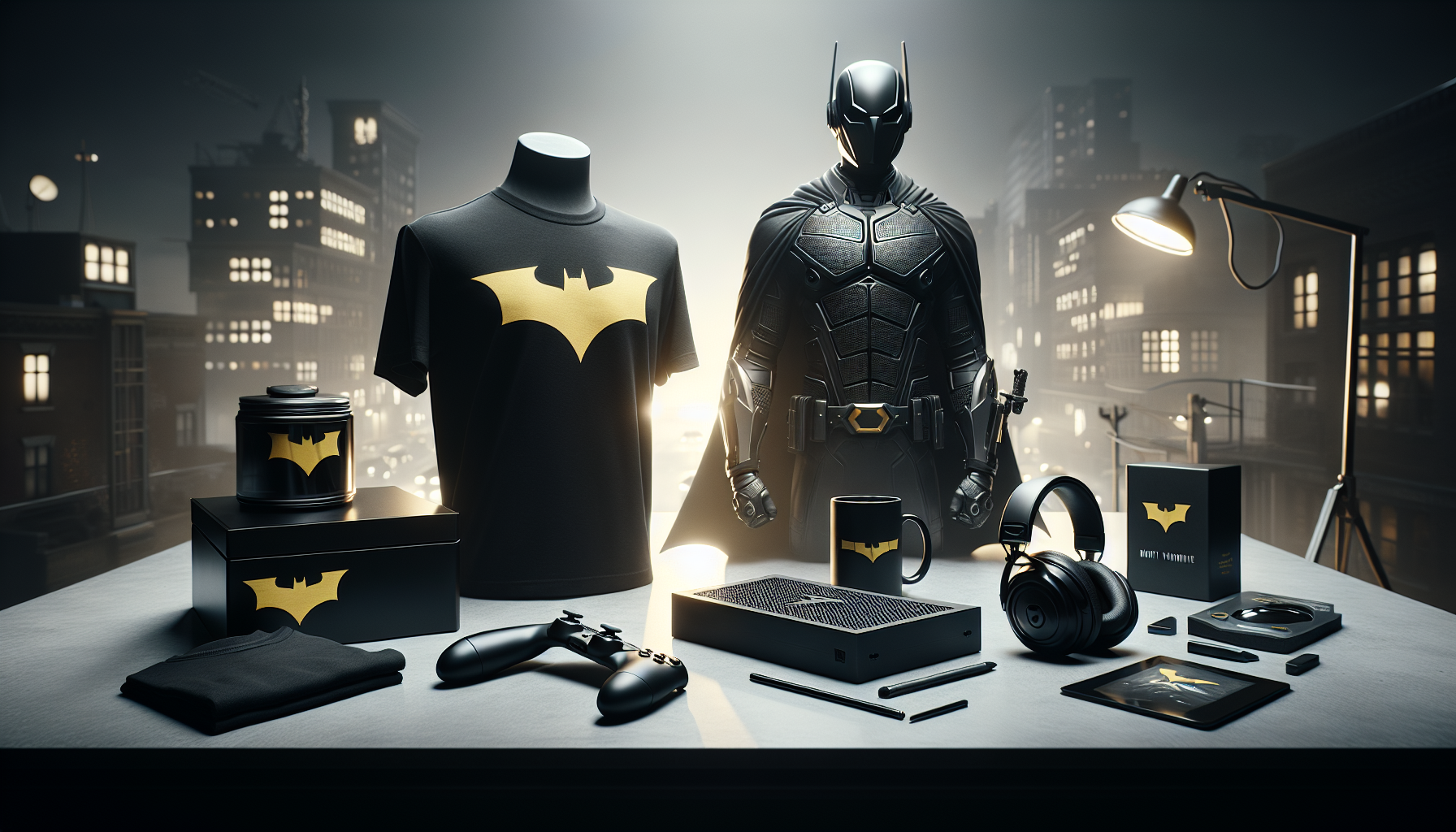 Cinematisk produktbild med premium Batman‑inspirerat merch på skandinavisk skrivbordsmiljö, t‑shirt, figur, hörlurar, mugg och handkontroll